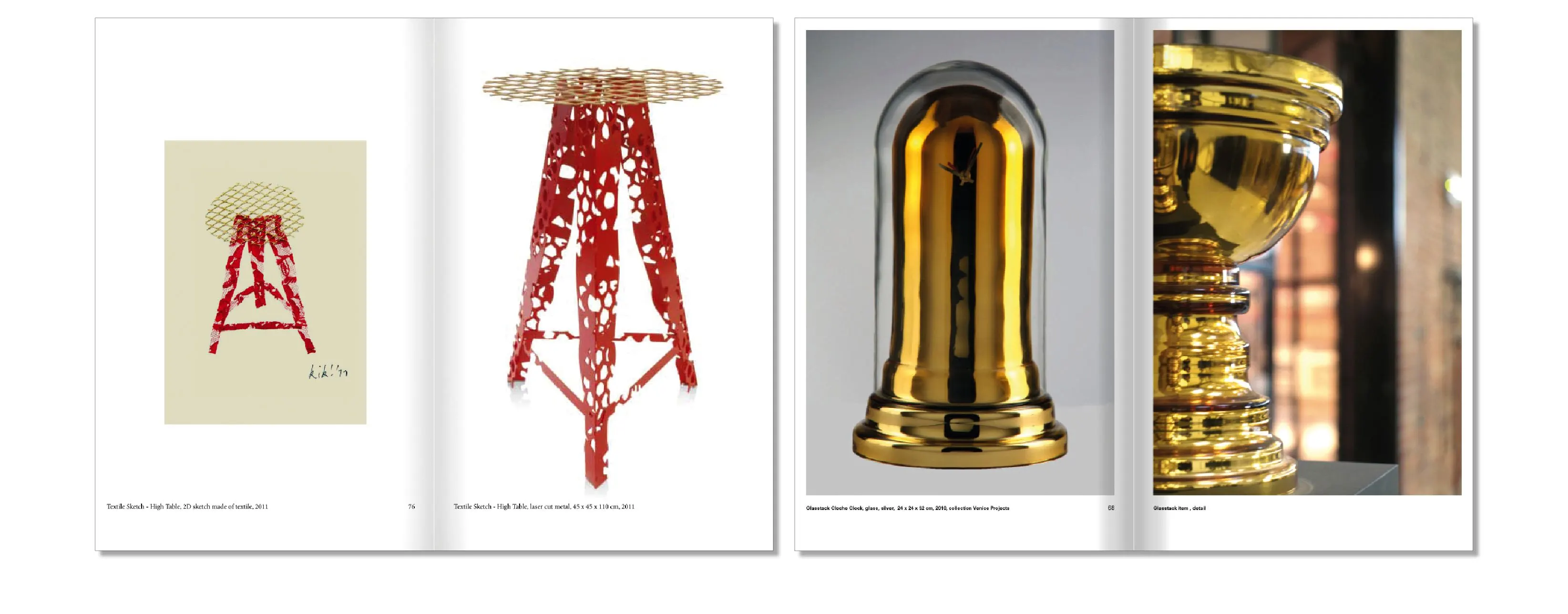Book spreads with a red openwork stool, a gold glass-domed object and an ornate gold vase