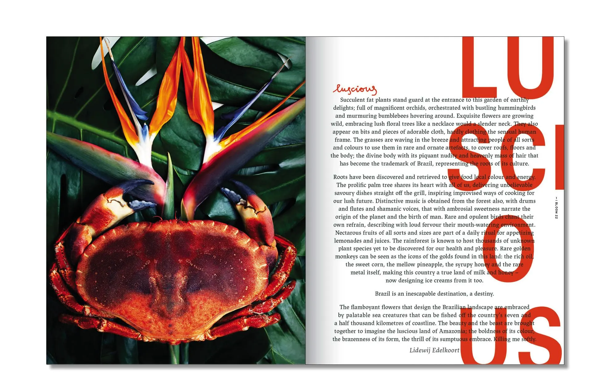 Magazine spread with a crab among tropical flowers beside a text column and large red letters LUSCIOUS