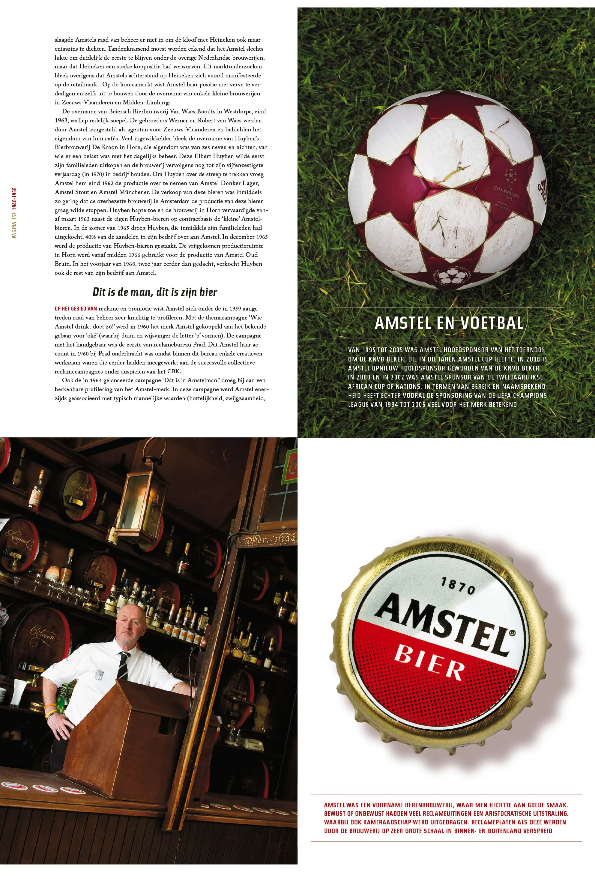 Book spread 'Amstel en voetbal' with a football, an Amstel bottle cap and a man at a bar