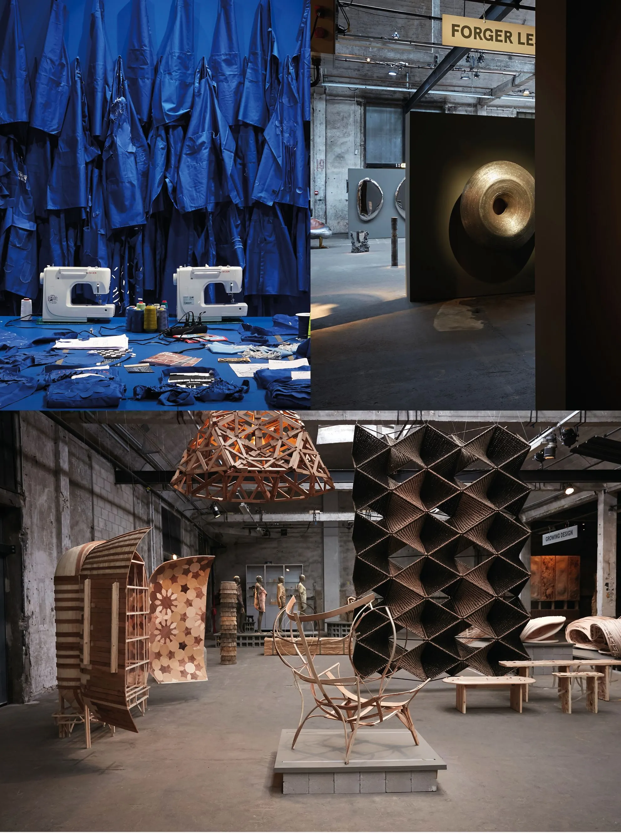 Collage of exhibition views: blue workwear and sewing machines, a bronze disc, and woven wooden furniture installations