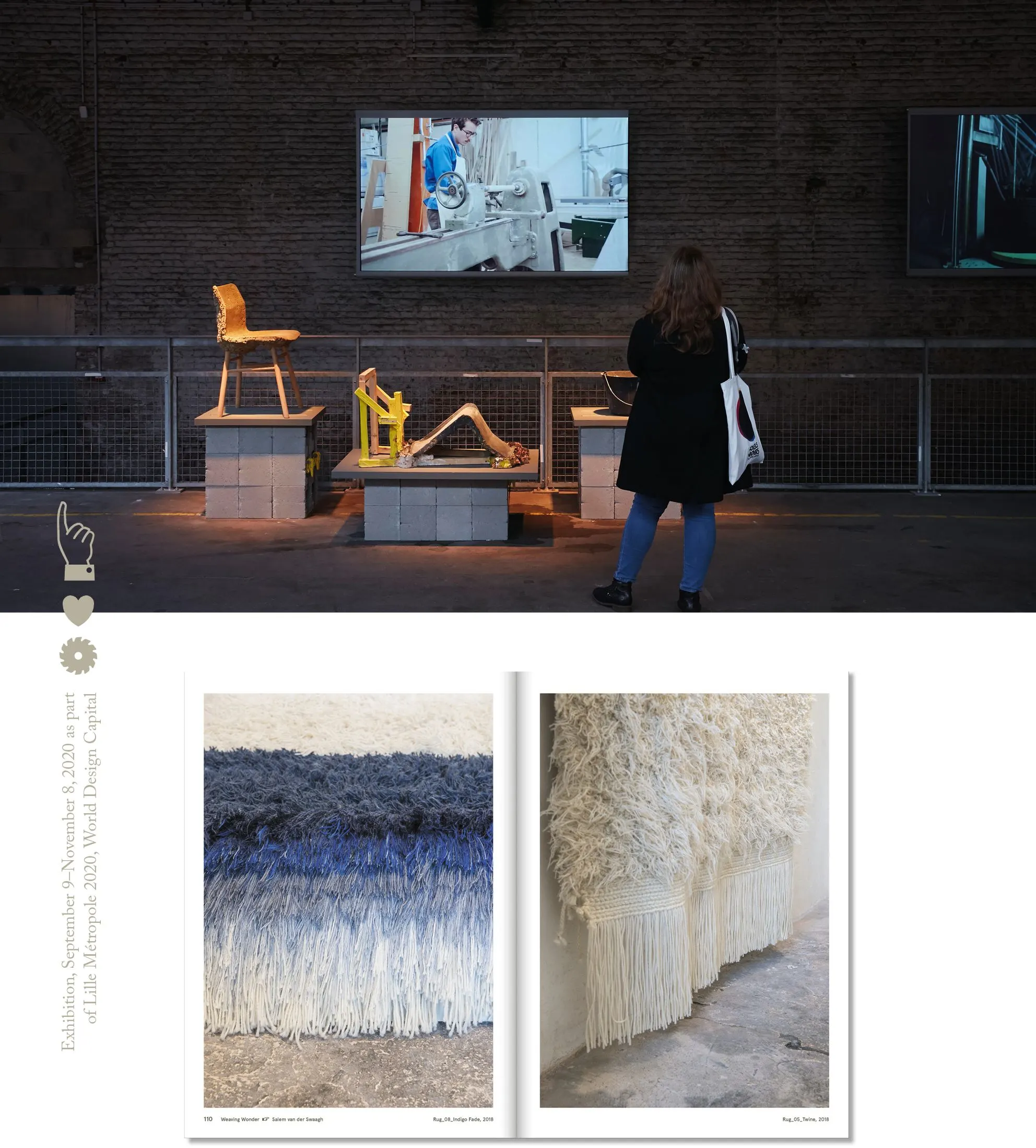 Visitor viewing furniture pieces and a screen in a dark exhibition space, above a book spread with blue and white textiles