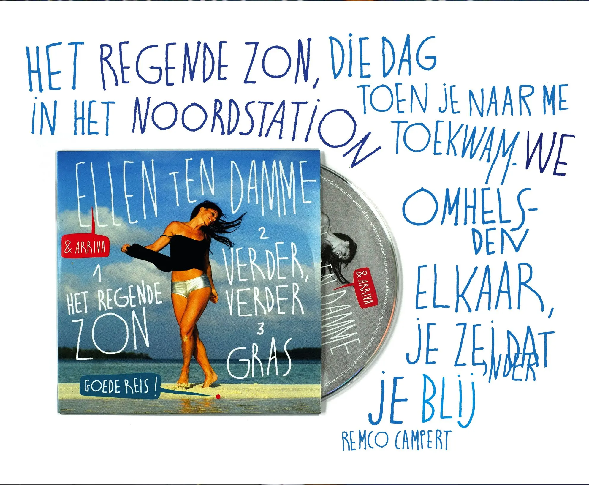 Ellen ten Damme CD cover Het regende zon, Verder verder and Gras, with the disc and handwritten blue lyrics