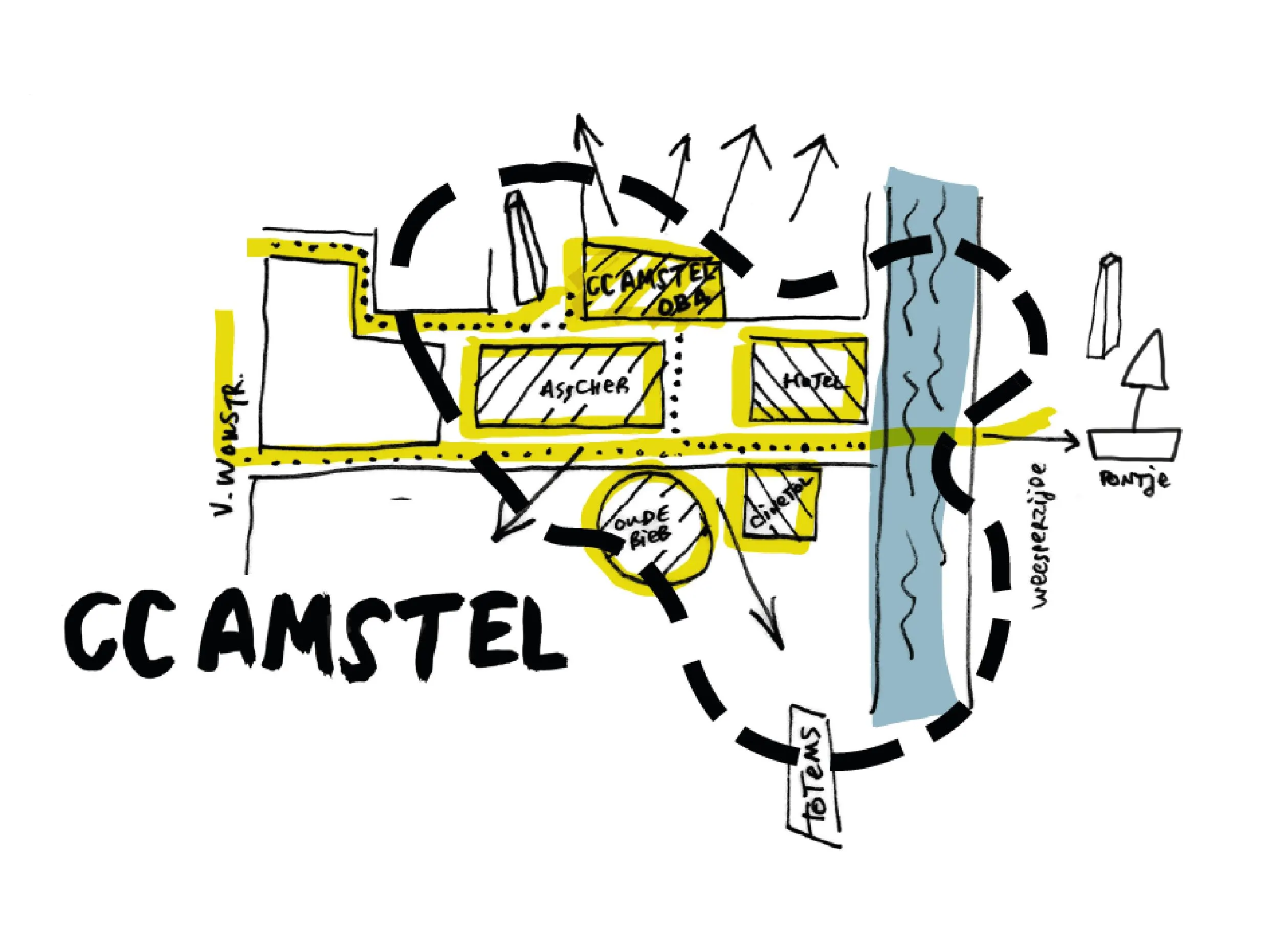 Hand-drawn yellow, black and blue map sketch of the CC Amstel theatre and its surroundings along the river