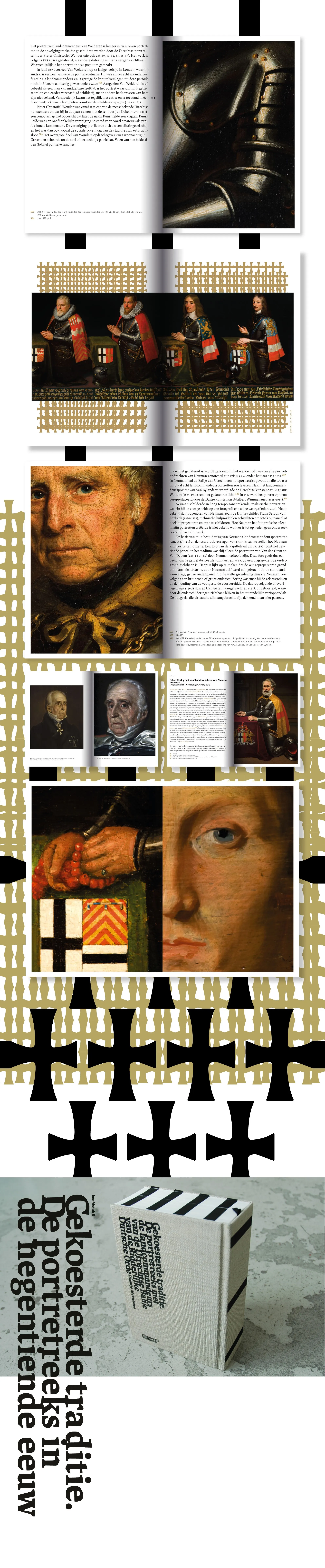 Tall narrow collage of the publication's pages with portraits, black cross motifs and a title block at the bottom