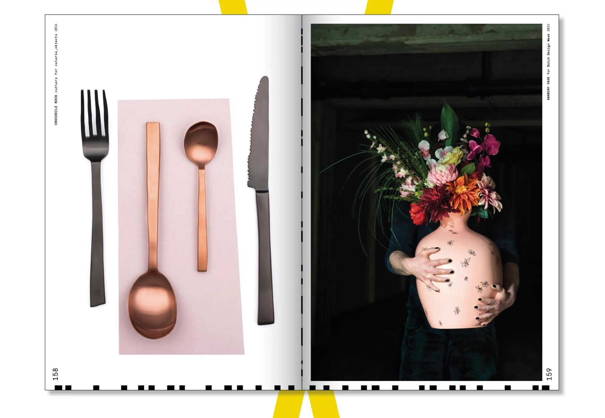 Book spread with copper cutlery on pink beside a portrait of a woman with a bouquet of flowers for a head