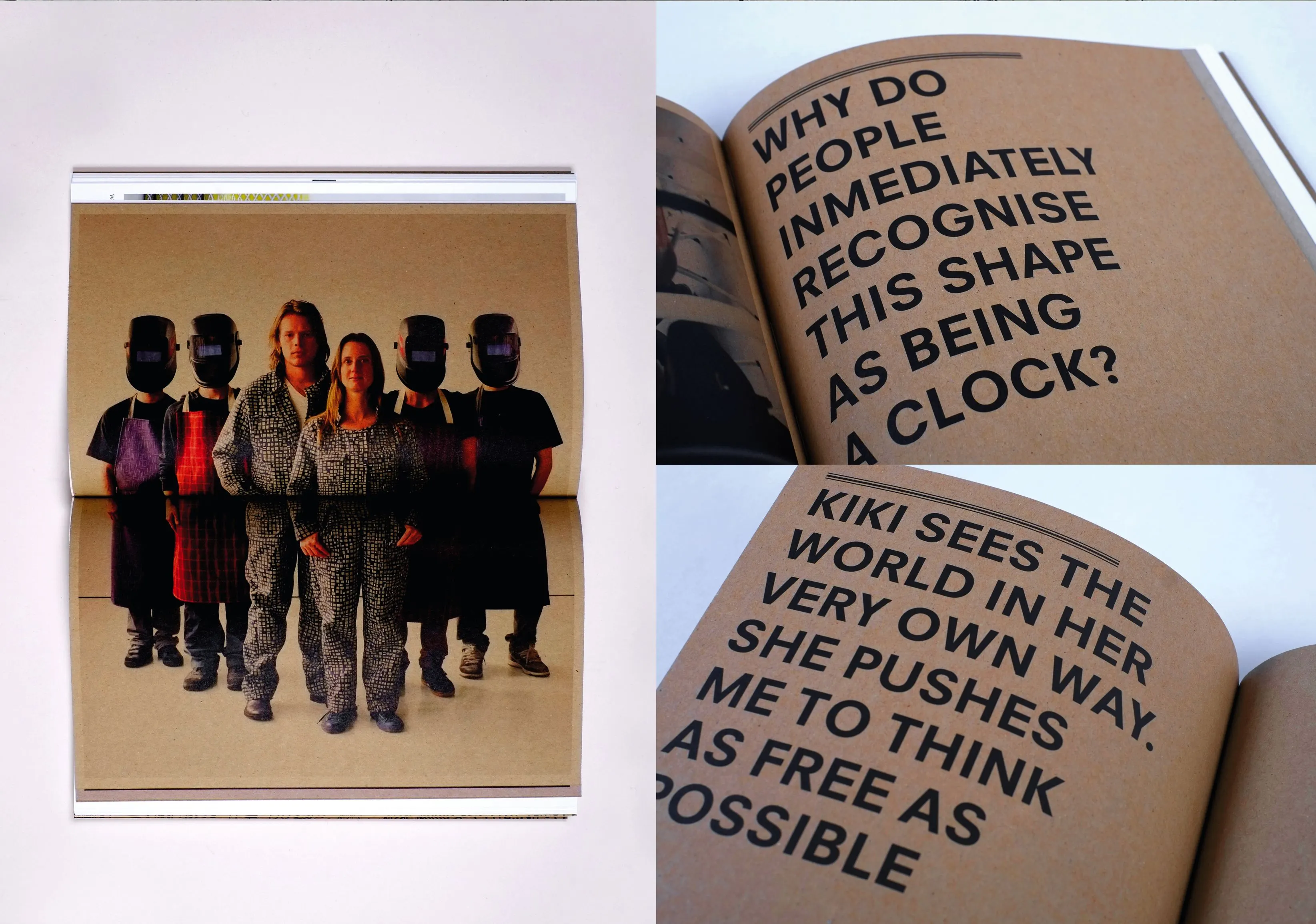Kraft paper book spread with a group photo of people in dark workwear and masks, and questions in bold black type