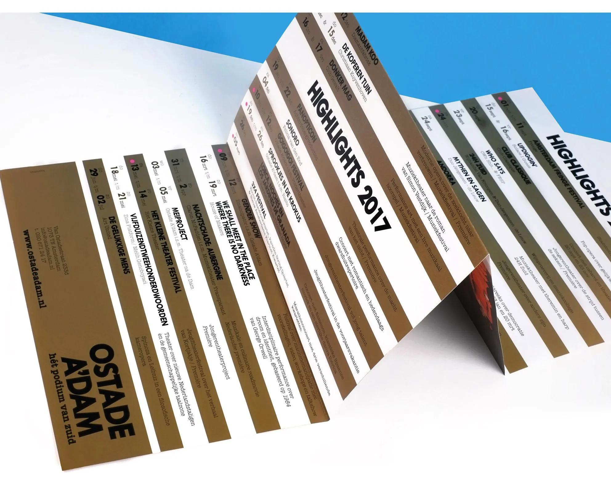 Folded Highlights 2017 programme leaflet in gold, black and white with the Ostade a'dam logo, zigzagging across a blue background