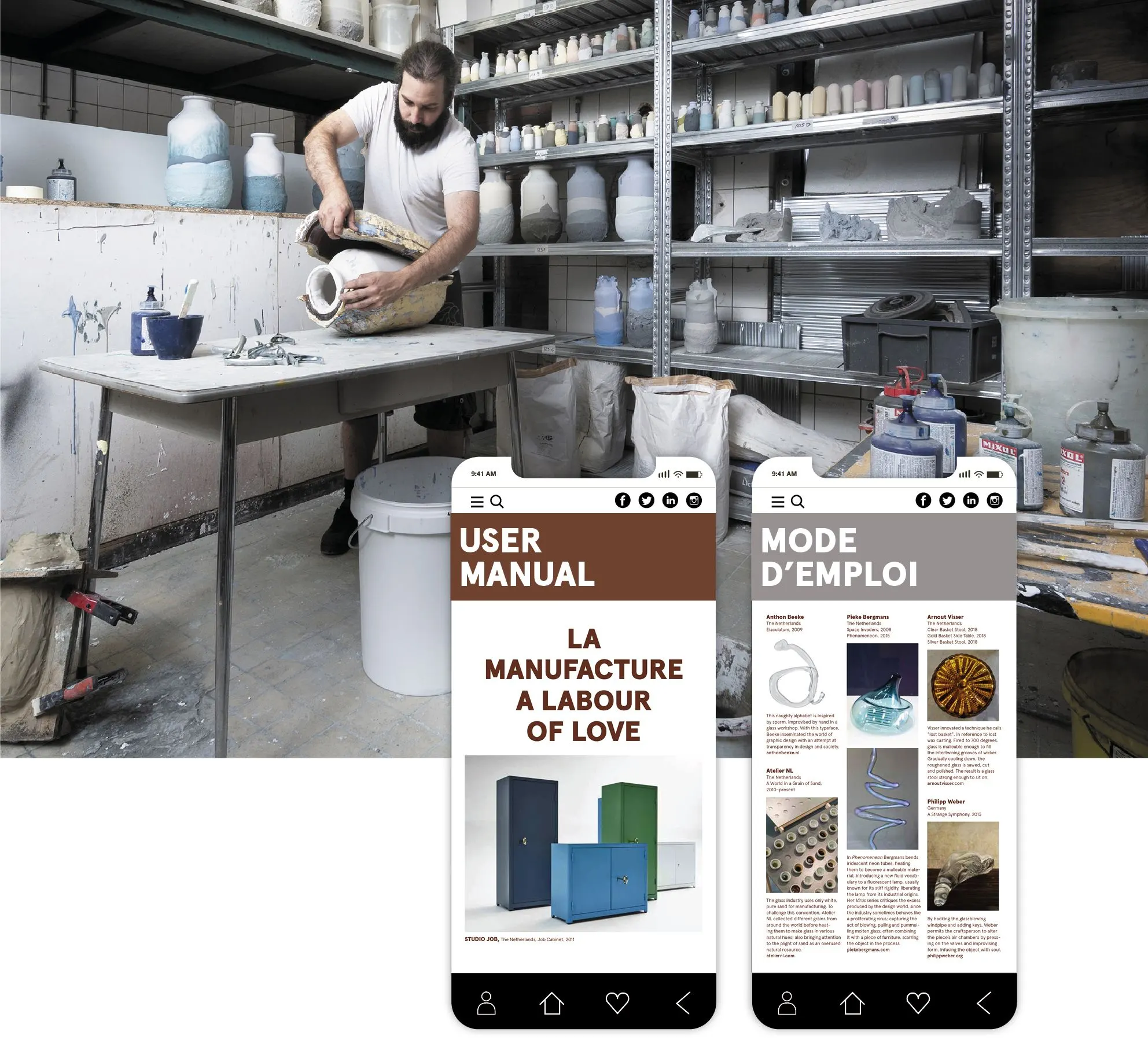 Potter at a workshop table above two phone screens of the 'User Manual' and 'Mode d'emploi' app