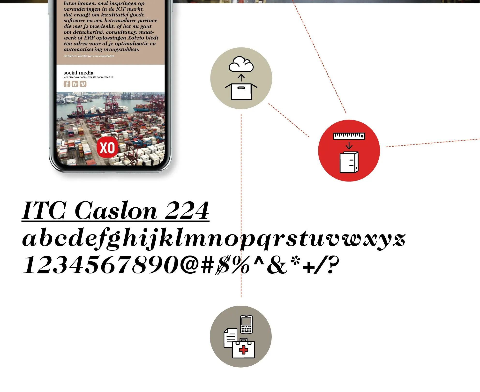 Typeface specimen of ITC Caslon 224 with Xolvio icons and a phone showing the mobile site
