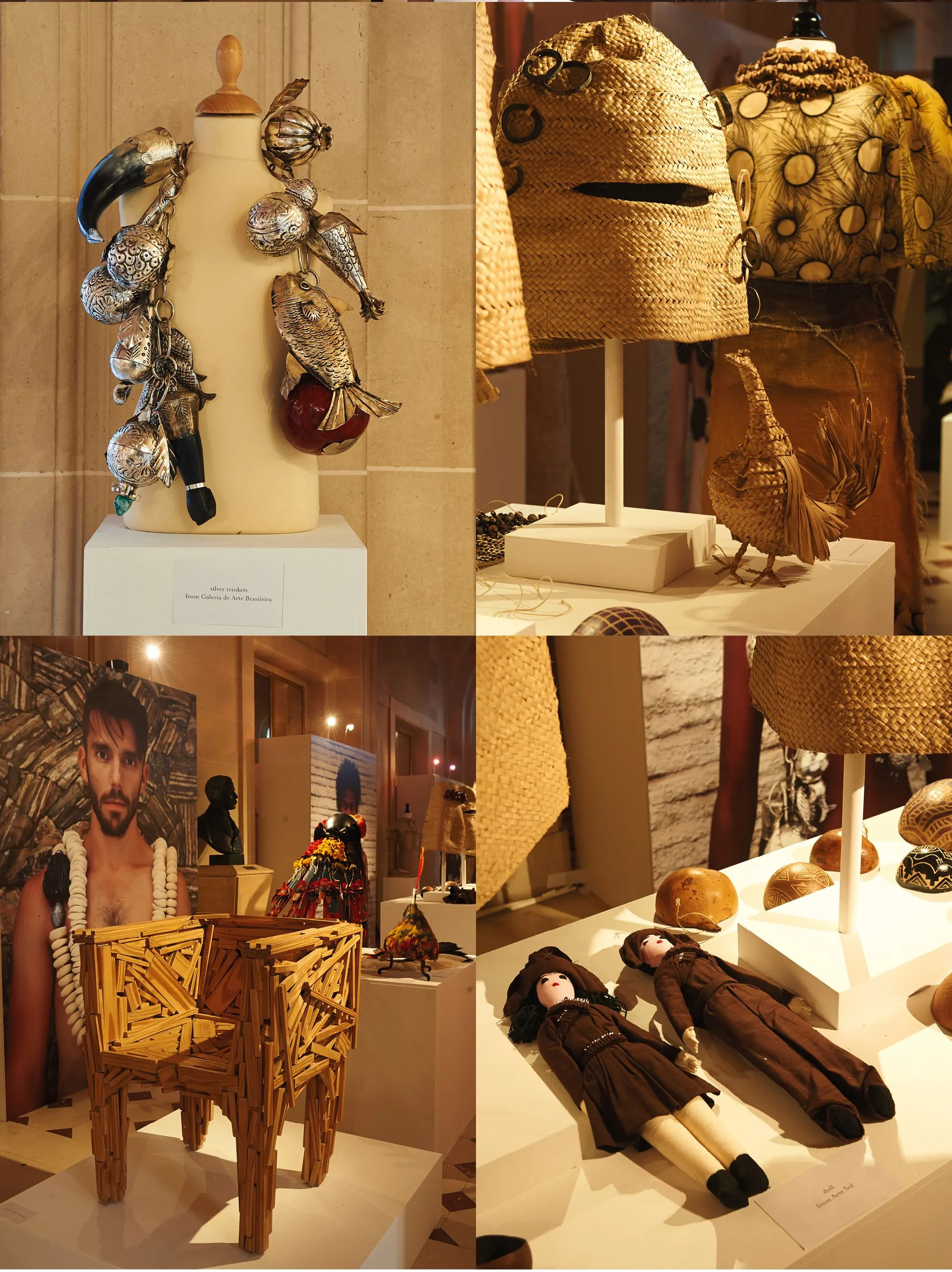 Four exhibition close-ups of silver bird sculptures, woven hats, a wicker chair and dolls on plinths