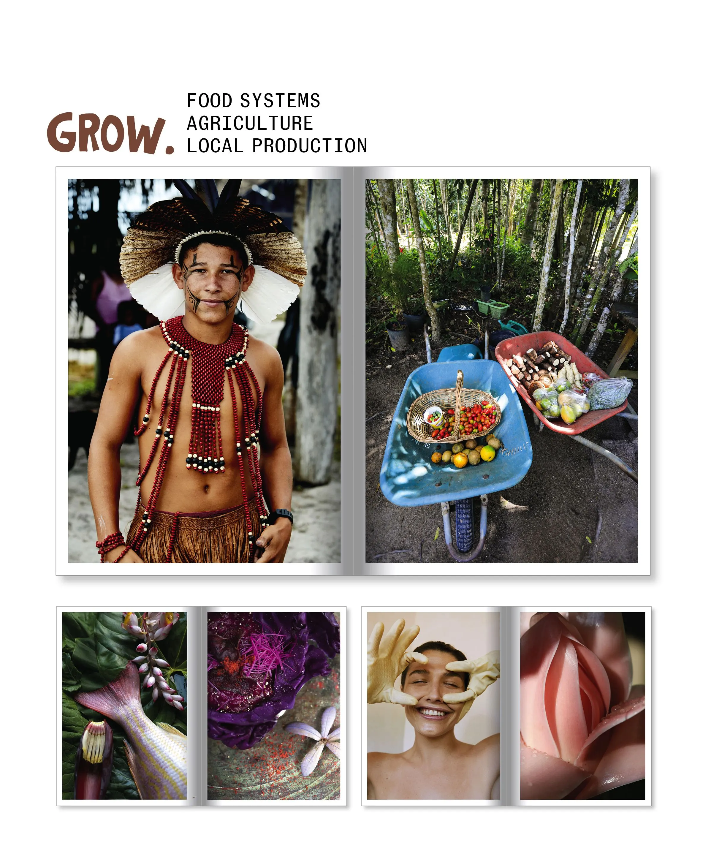 Book spread headed 'Grow. Food systems, agriculture, local production' with a portrait in feathered headdress and a wheelbarrow of produce