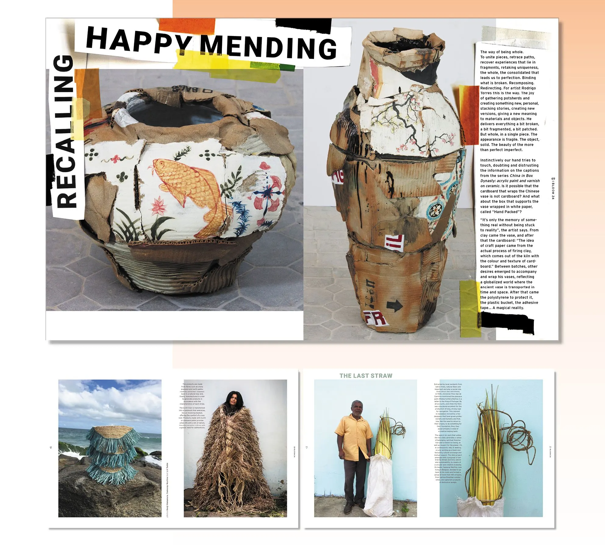 Magazine spread Happy mending with two large patched ceramic vases, plus a lower spread with portraits and woven objects