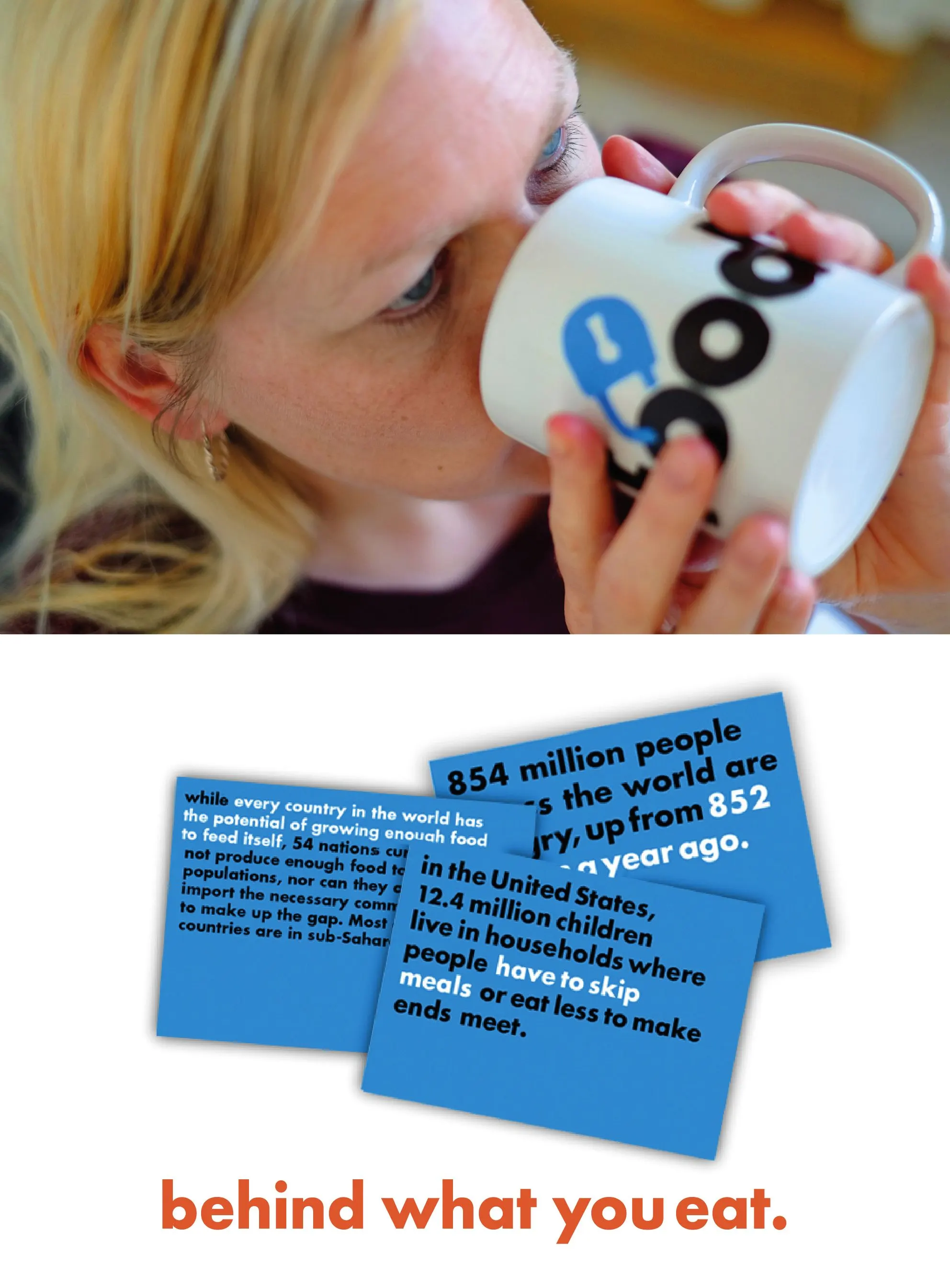 Woman drinking from a white mug with the Fairfood logo, above blue note cards with statistics and ‘behind what you eat.’