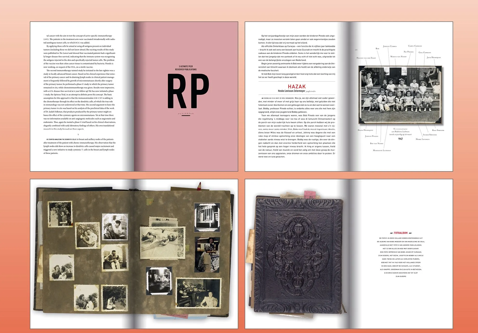 Four book spreads with dense text, an RP chapter initial and old black-and-white photo albums