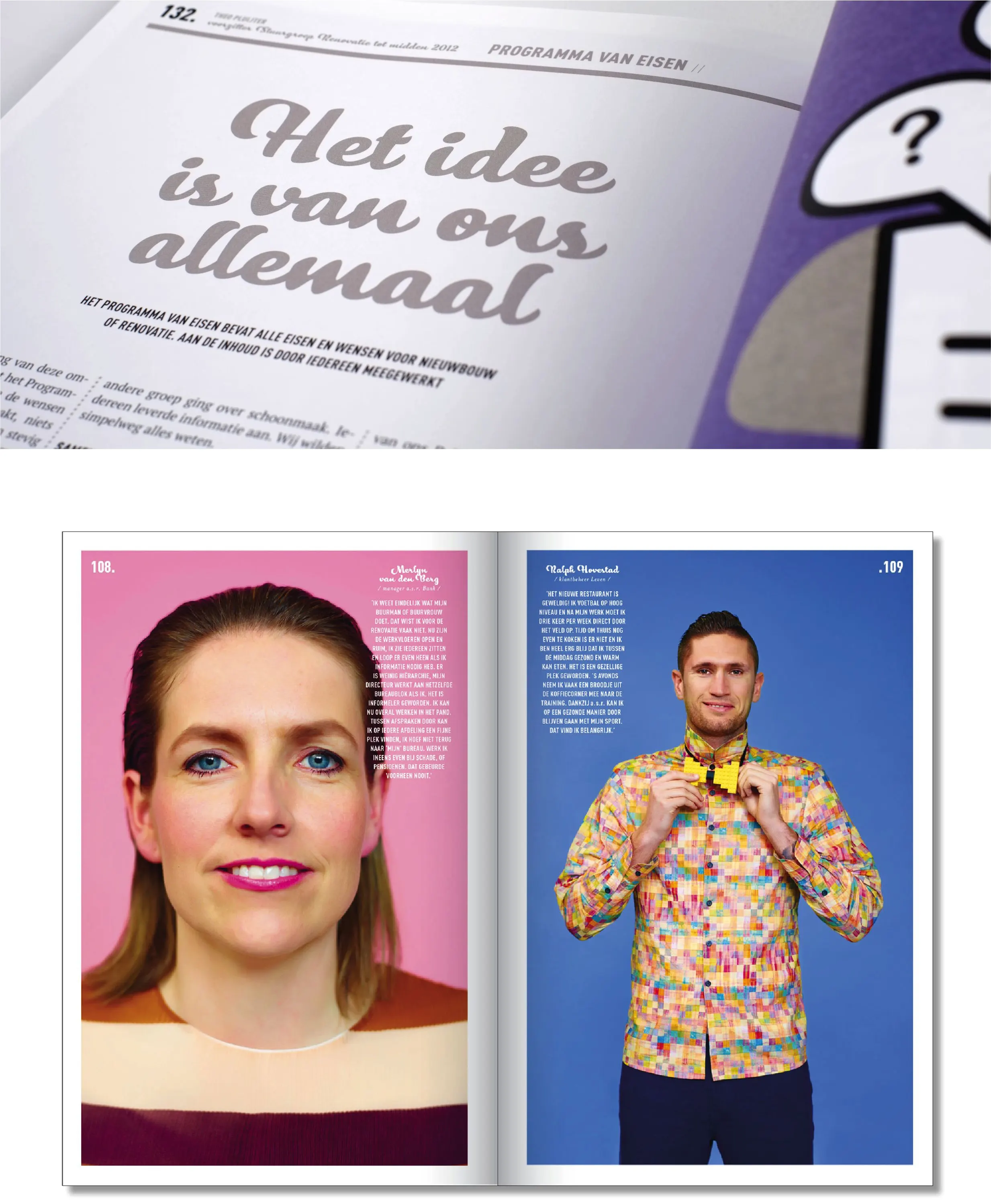 Book page with the heading Het idee is van ons allemaal and a spread with portraits of a woman and a man in colourful clothes