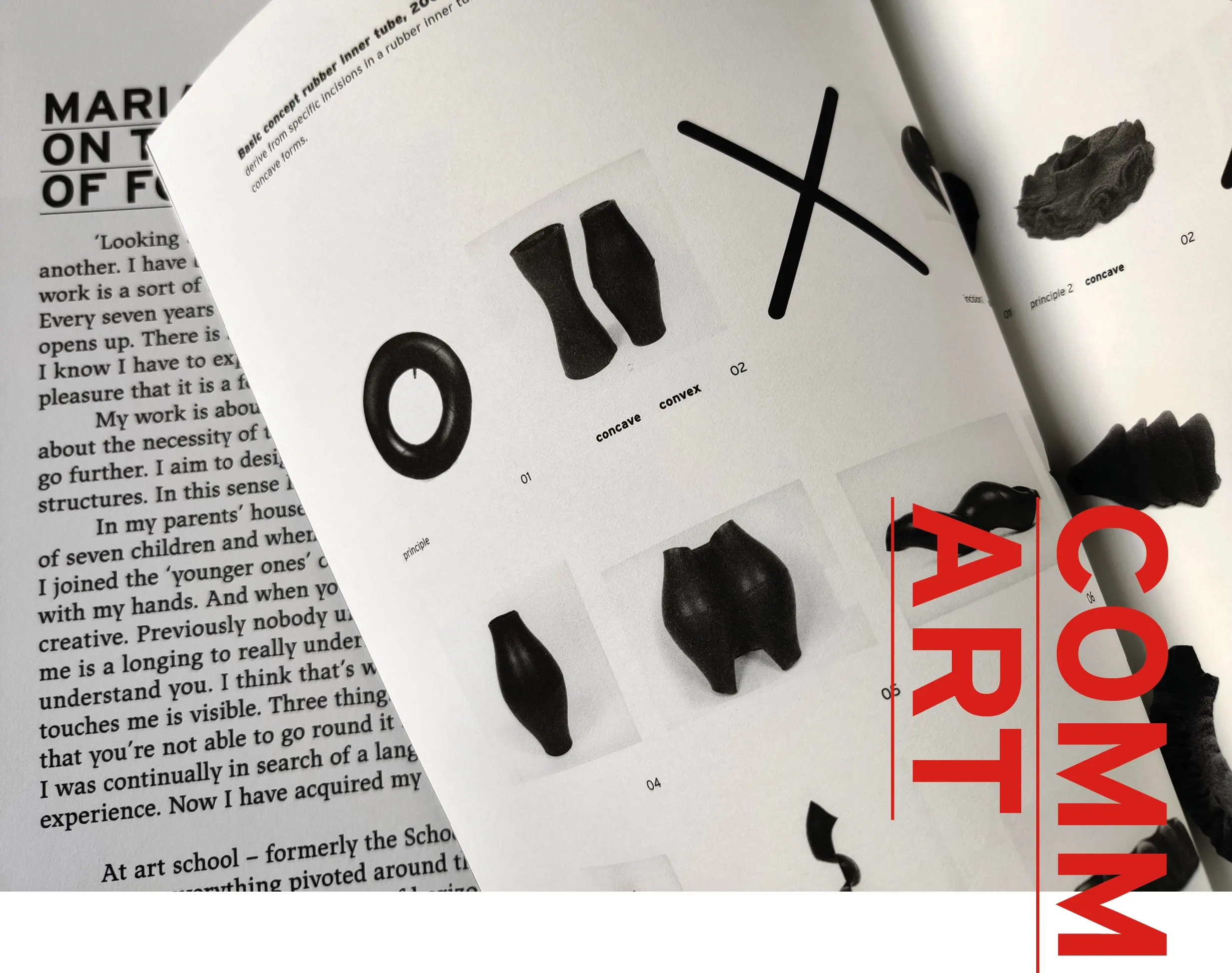 Open book with an interview text and a page of black rubber forms, with Communicating Art in red vertical letters