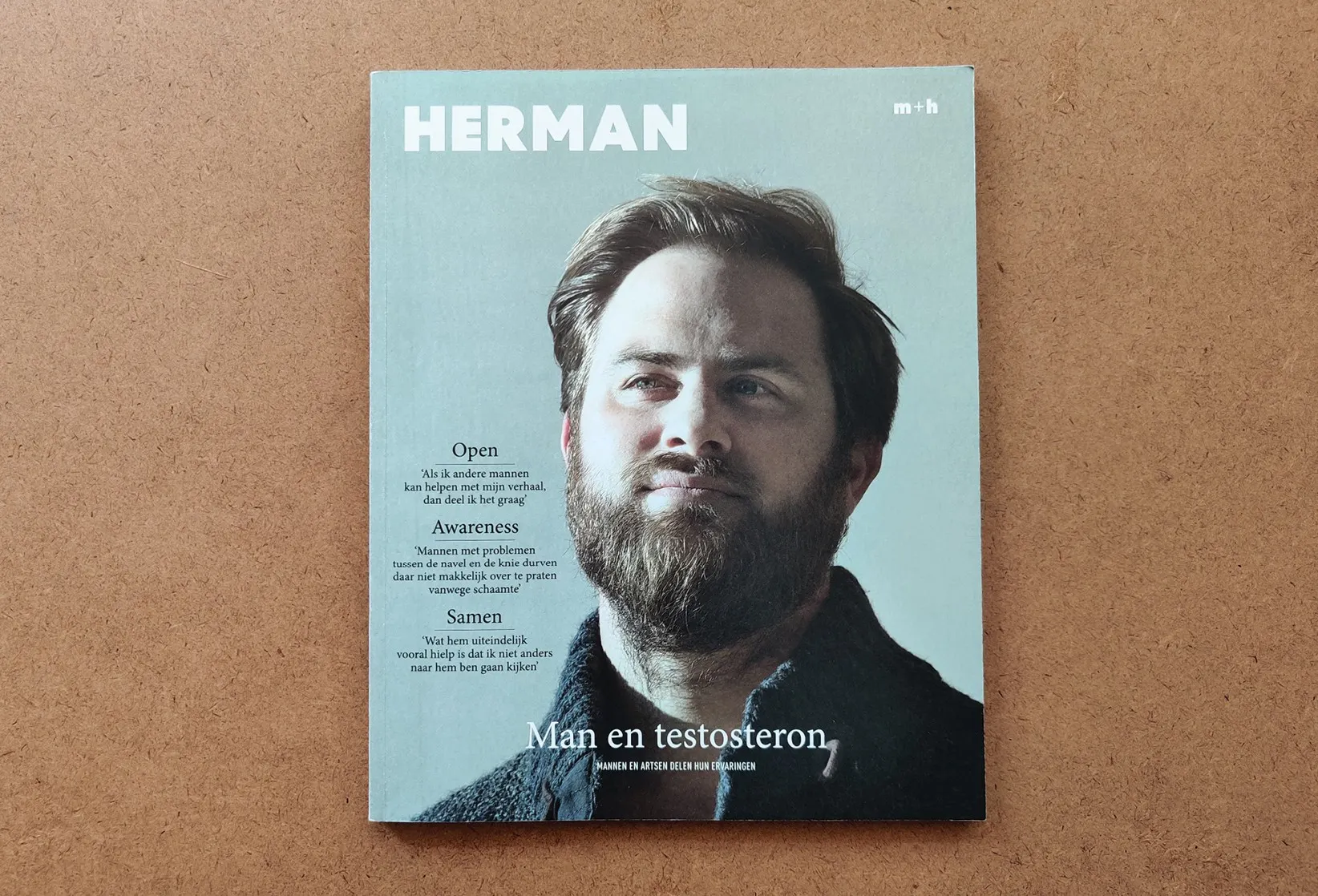 Cover of HERMAN magazine, Man en testosteron, with a portrait of a bearded man on a pale blue background