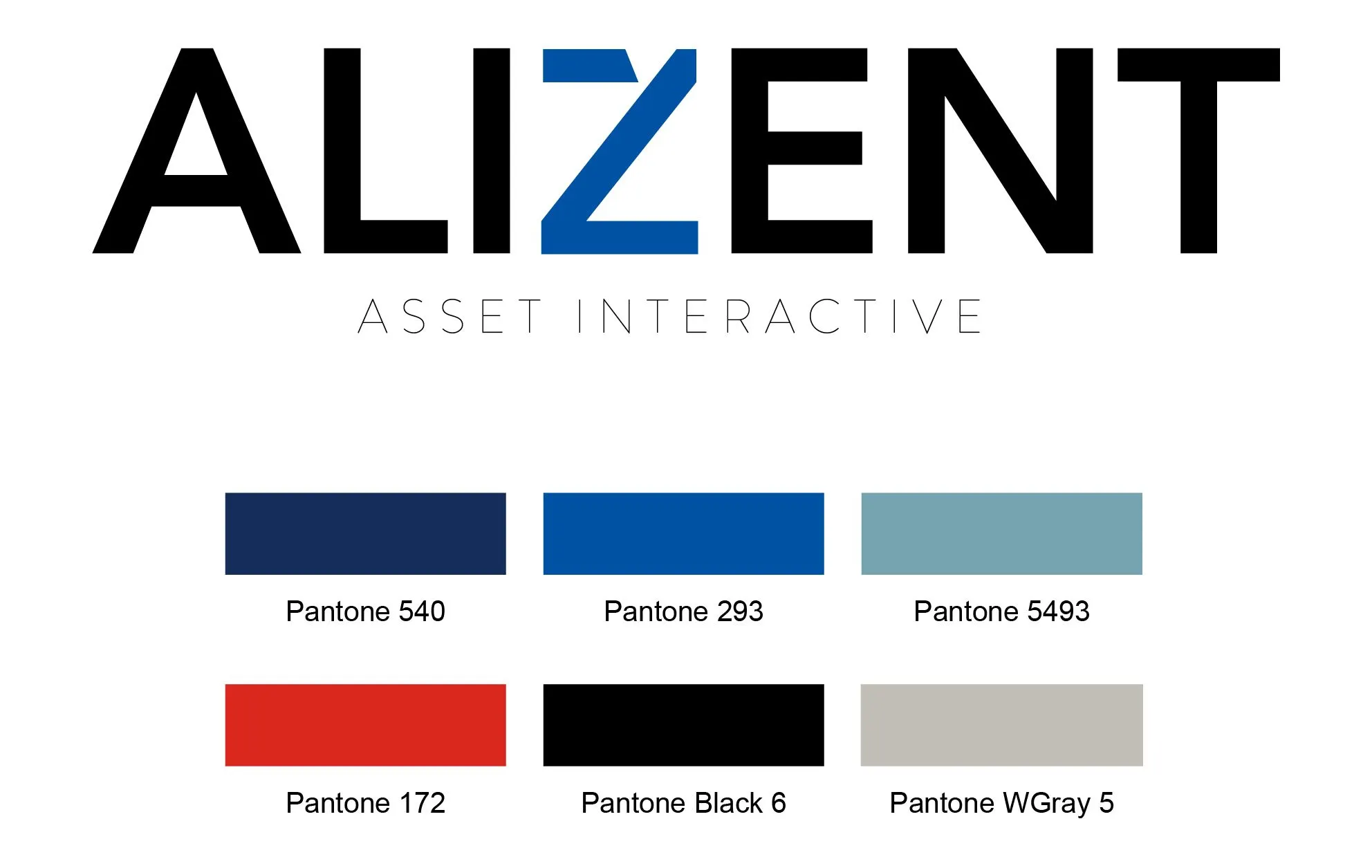 Alizent Asset Interactive logo above a Pantone palette: 540, 293, 5493, 172, Black 6 and WGray 5