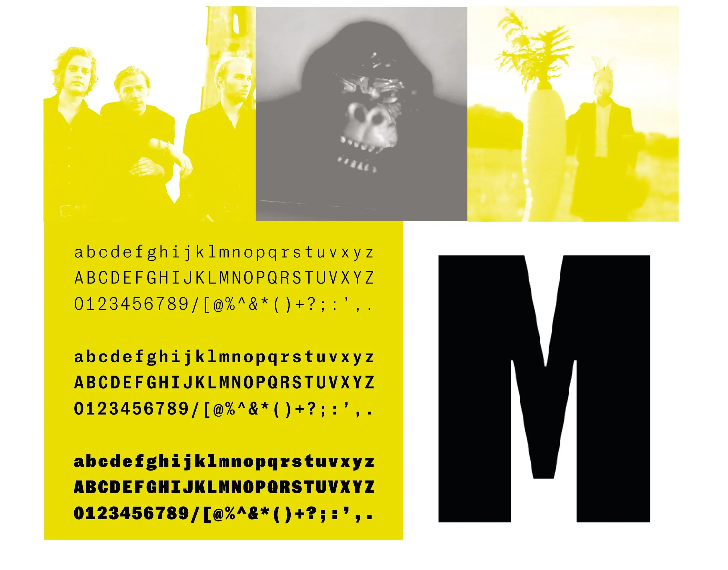 Brand board for CC Amstel with yellow and grey photos, monospaced alphabets and a large black letter M