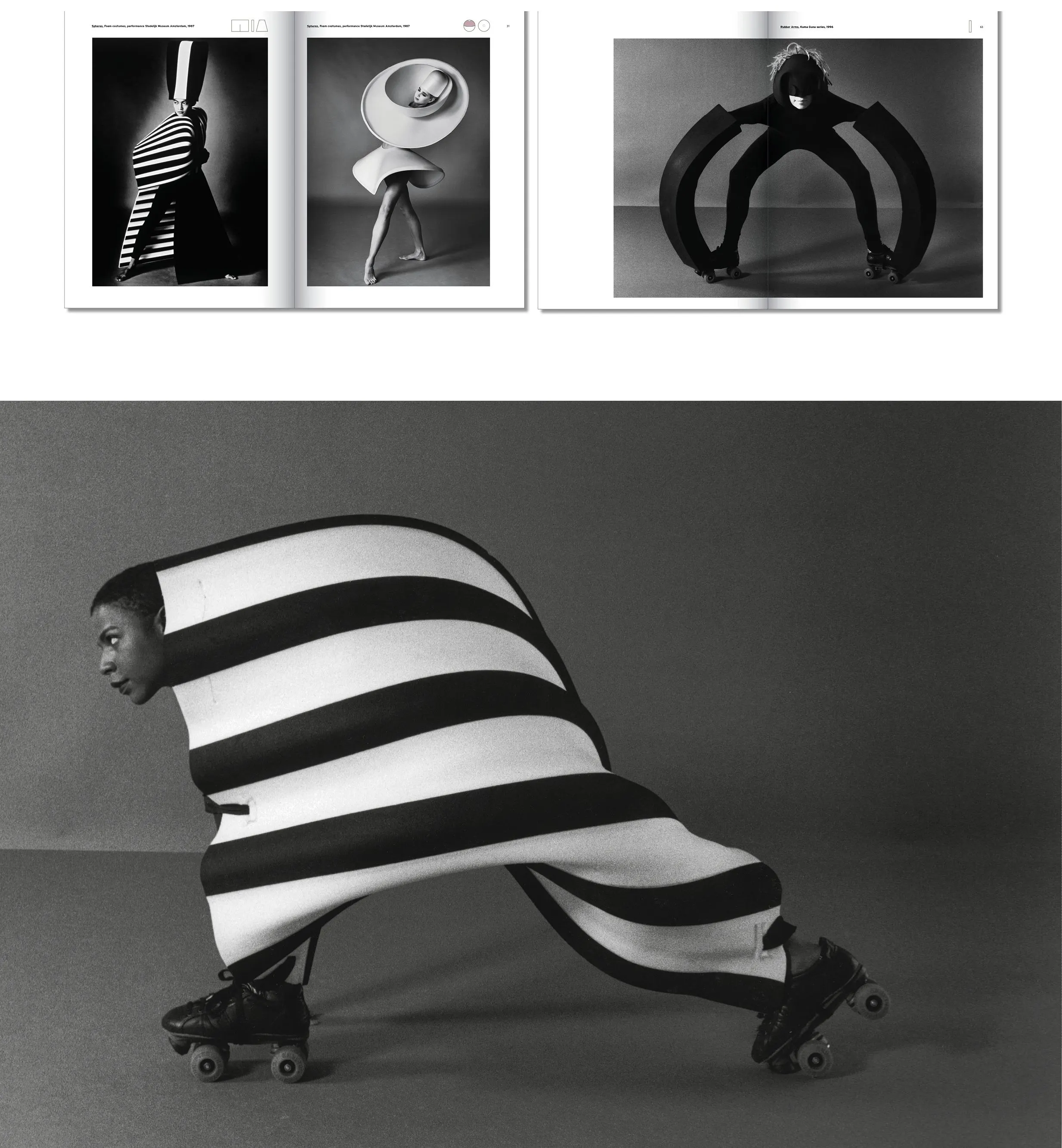 Book spreads of black and white photos of sculptures above a person in a striped garment on roller skates