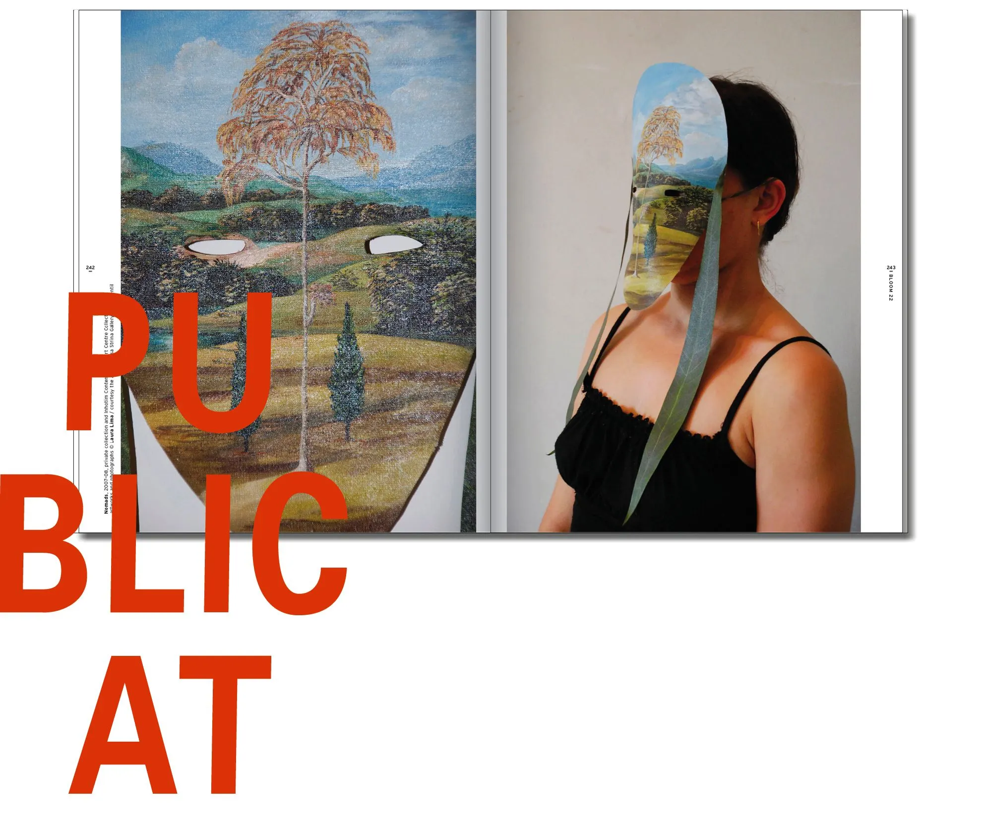 Magazine spread with a landscape painting beside a woman wearing a painted mask, with red letters PUBLICAT