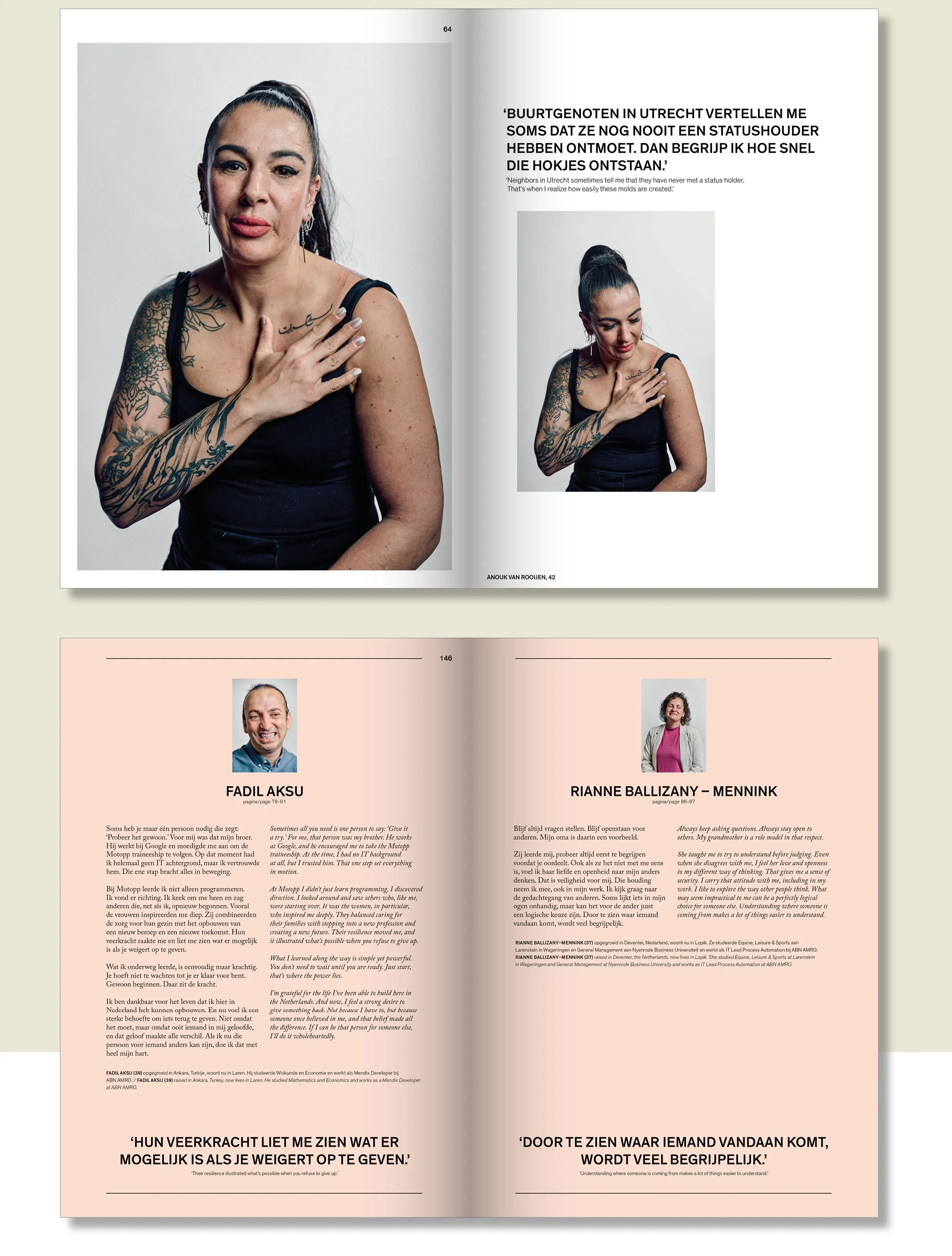 Two spreads of the publication: portraits of a tattooed woman, and pink pages with text columns and pull quotes