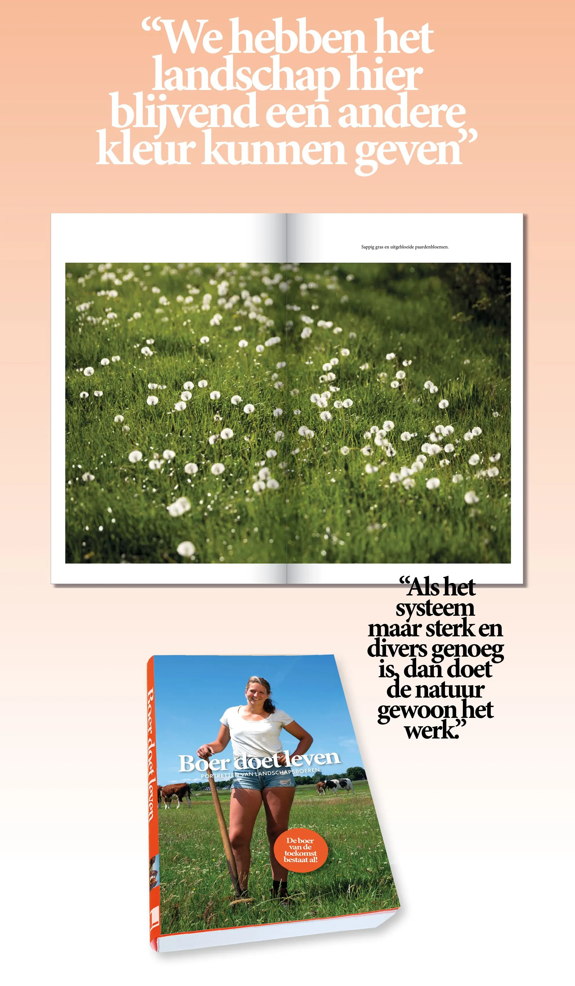 Book cover and spread with a flower meadow photo and Dutch quotes about nature and diverse landscapes on peach background