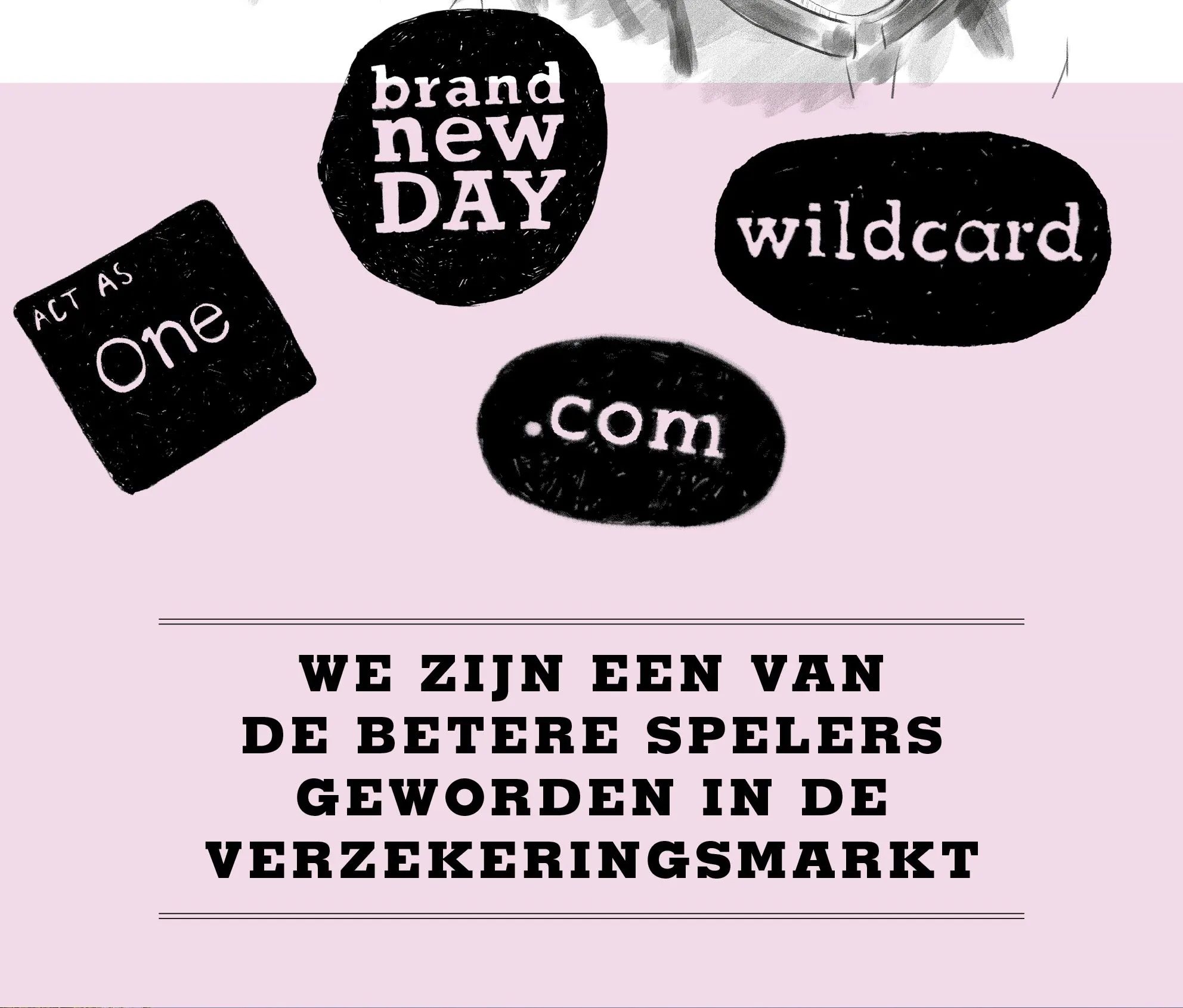 Pink page with black blobs reading brand new DAY, wildcard, .com and the text 'We zijn een van de betere spelers'