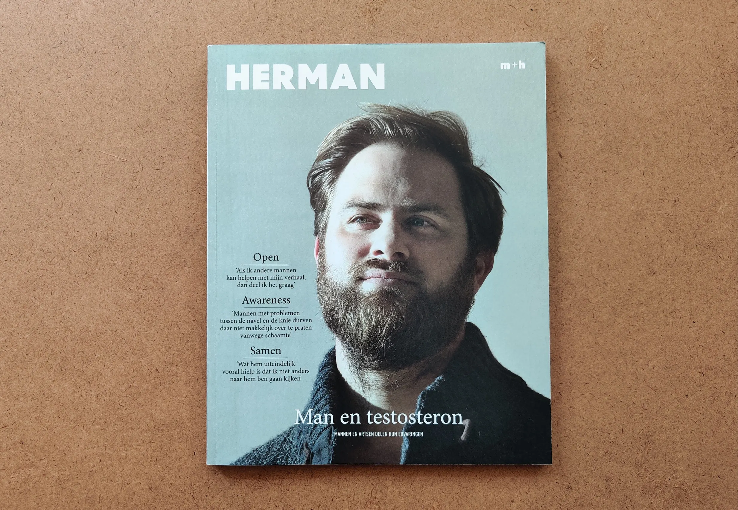 Cover of HERMAN magazine, Man en testosteron, with a portrait of a bearded man on a pale blue background