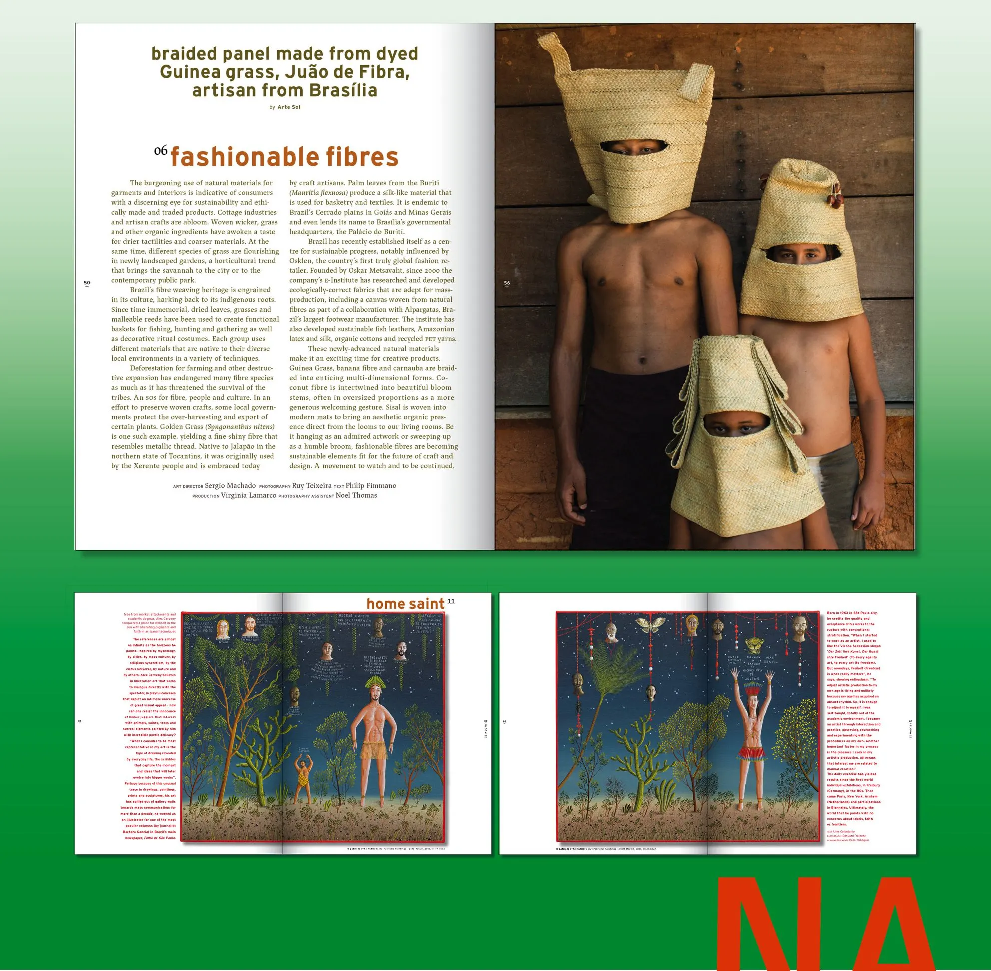 Magazine spread on green titled Fashionable fibres with two figures in woven fibre hoods and illustrated pages
