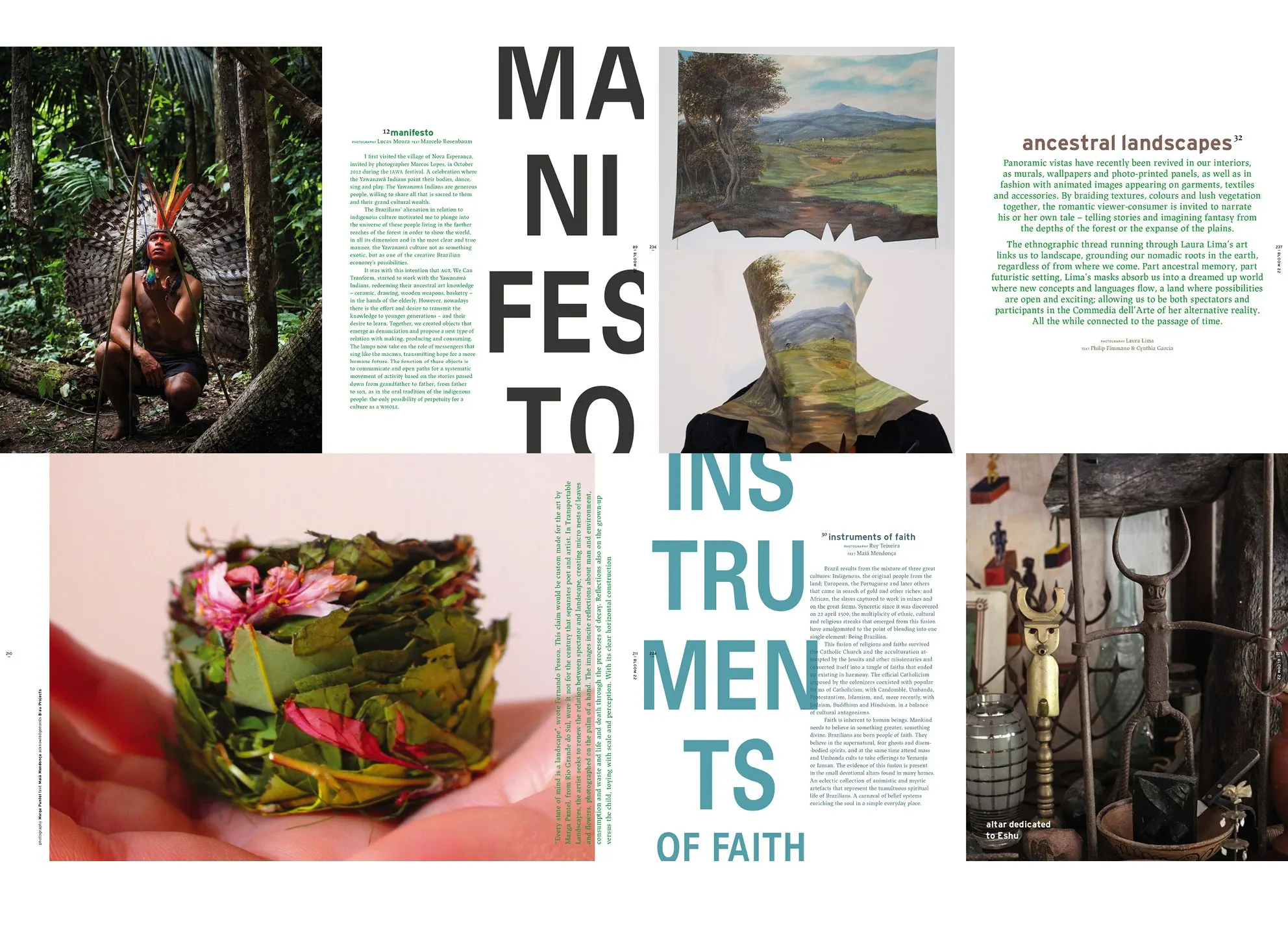 Magazine spread headed Manifesto and Instruments of Faith with a portrait, landscape paintings and objects
