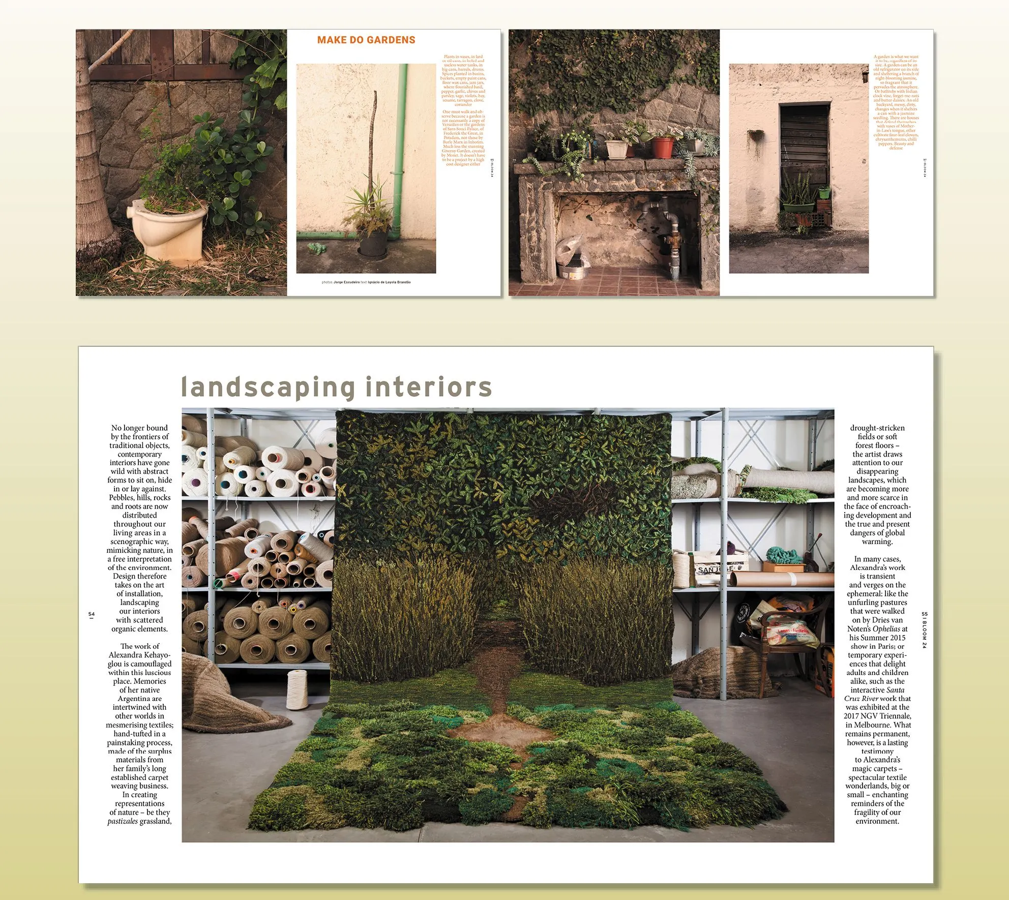Two magazine spreads, one with photos of plants and doorways, another titled Landscaping interiors with a moss lawn indoors