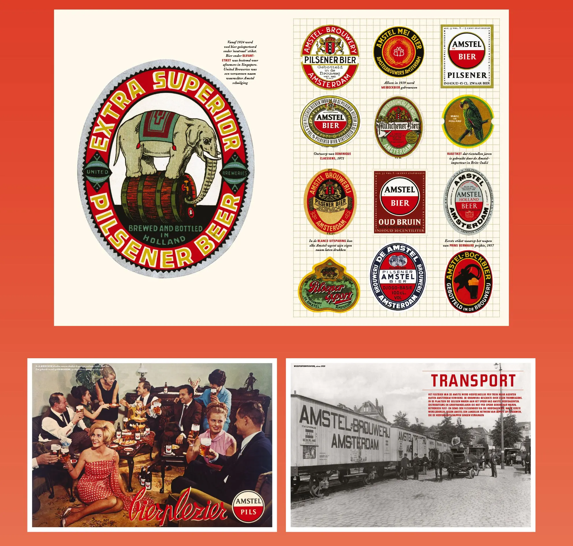 Spread with vintage Amstel beer labels, an Extra Superior Pilsener Beer elephant emblem and old brewery photos