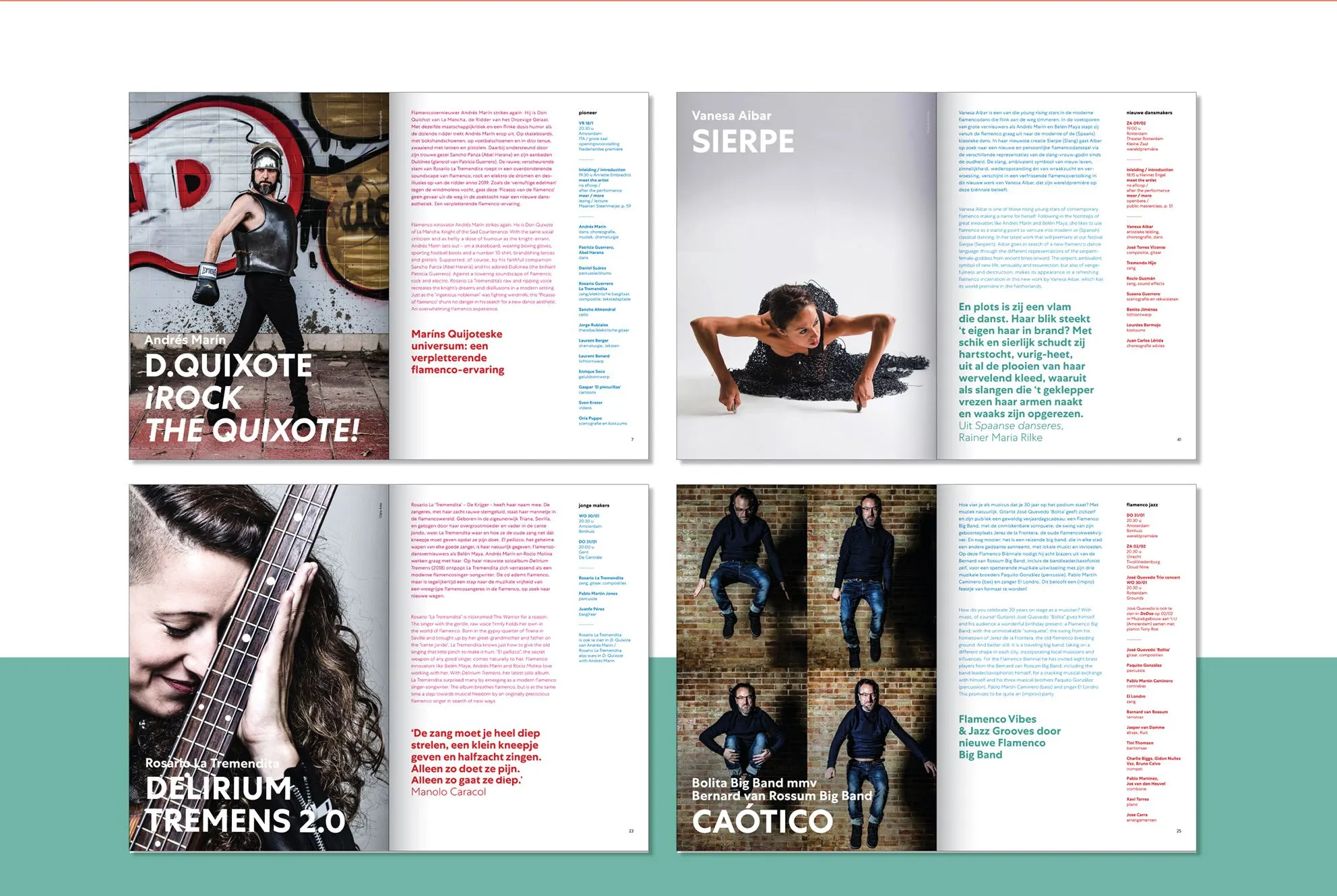 Four programme pages with performance photos and listings, including D.Quixote, Sierpe, Delirium Tremens 2.0 and Caótico
