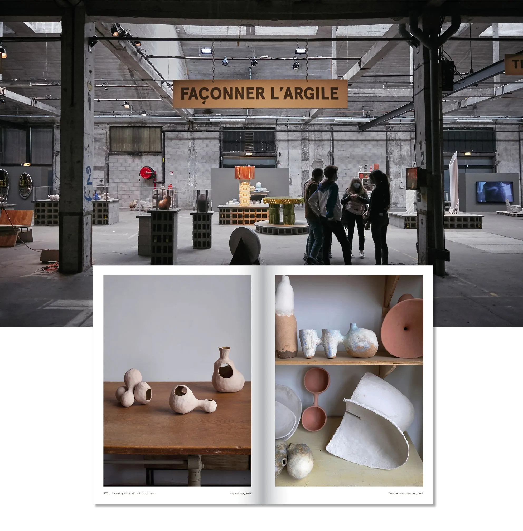 Exhibition hall with a 'Façonner l'argile' sign and visitors, above a spread showing clay vessels on a shelf