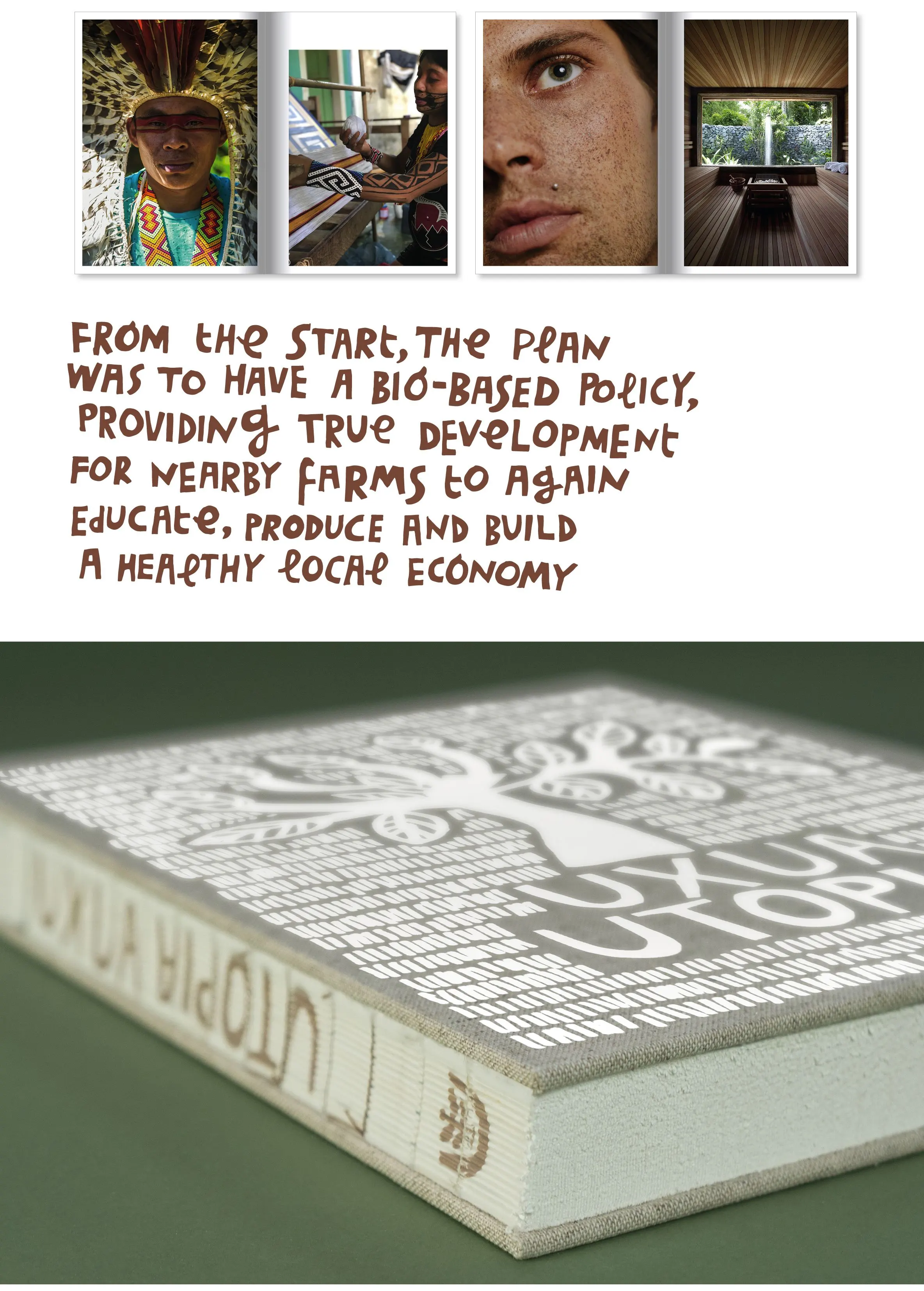 Handwritten quote on a bio-based policy for nearby farms above the embossed grey cover of the 'Utopia' book