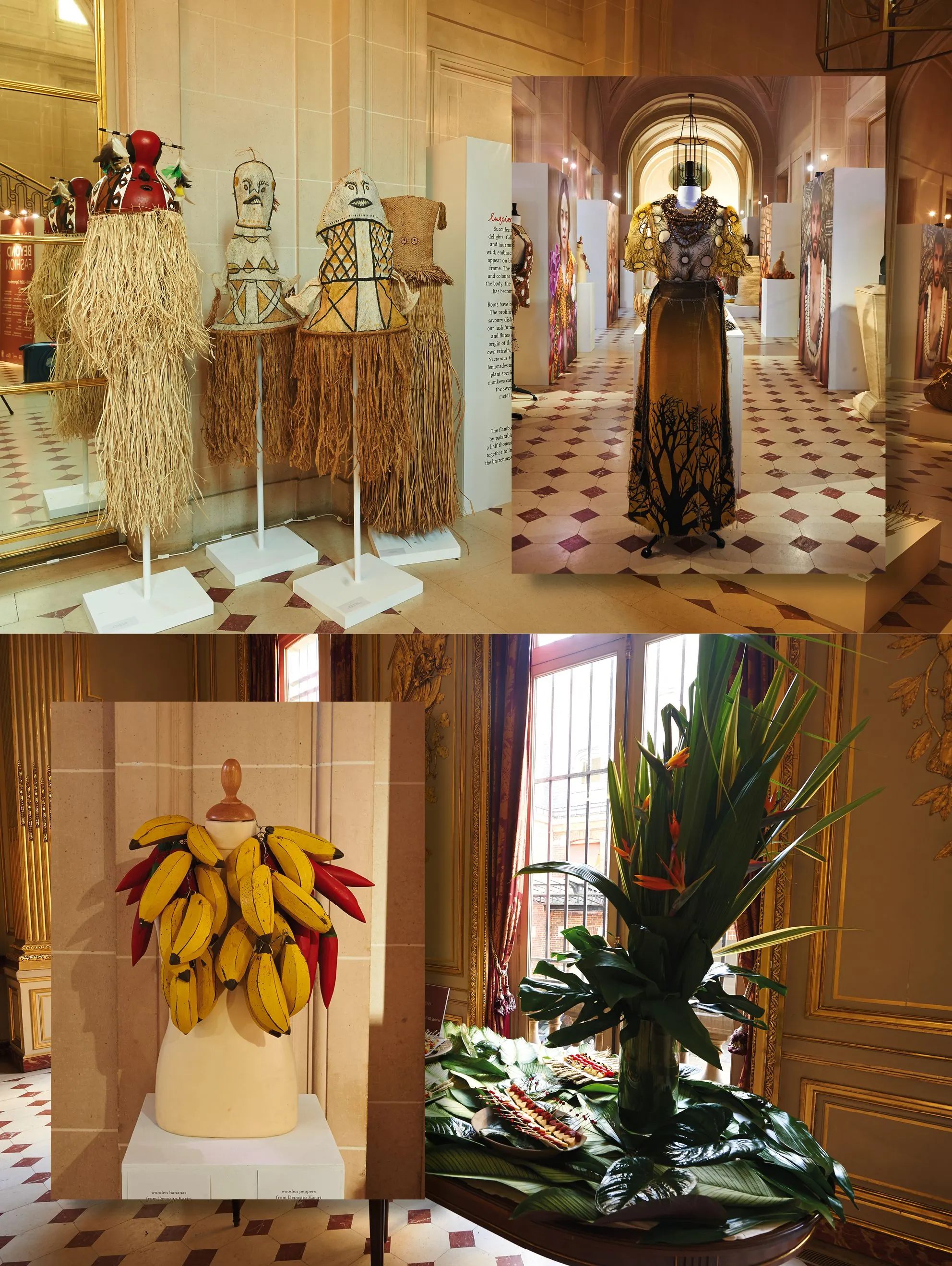 Three views of an exhibition with mannequins in straw and banana-leaf costumes in a palace hall