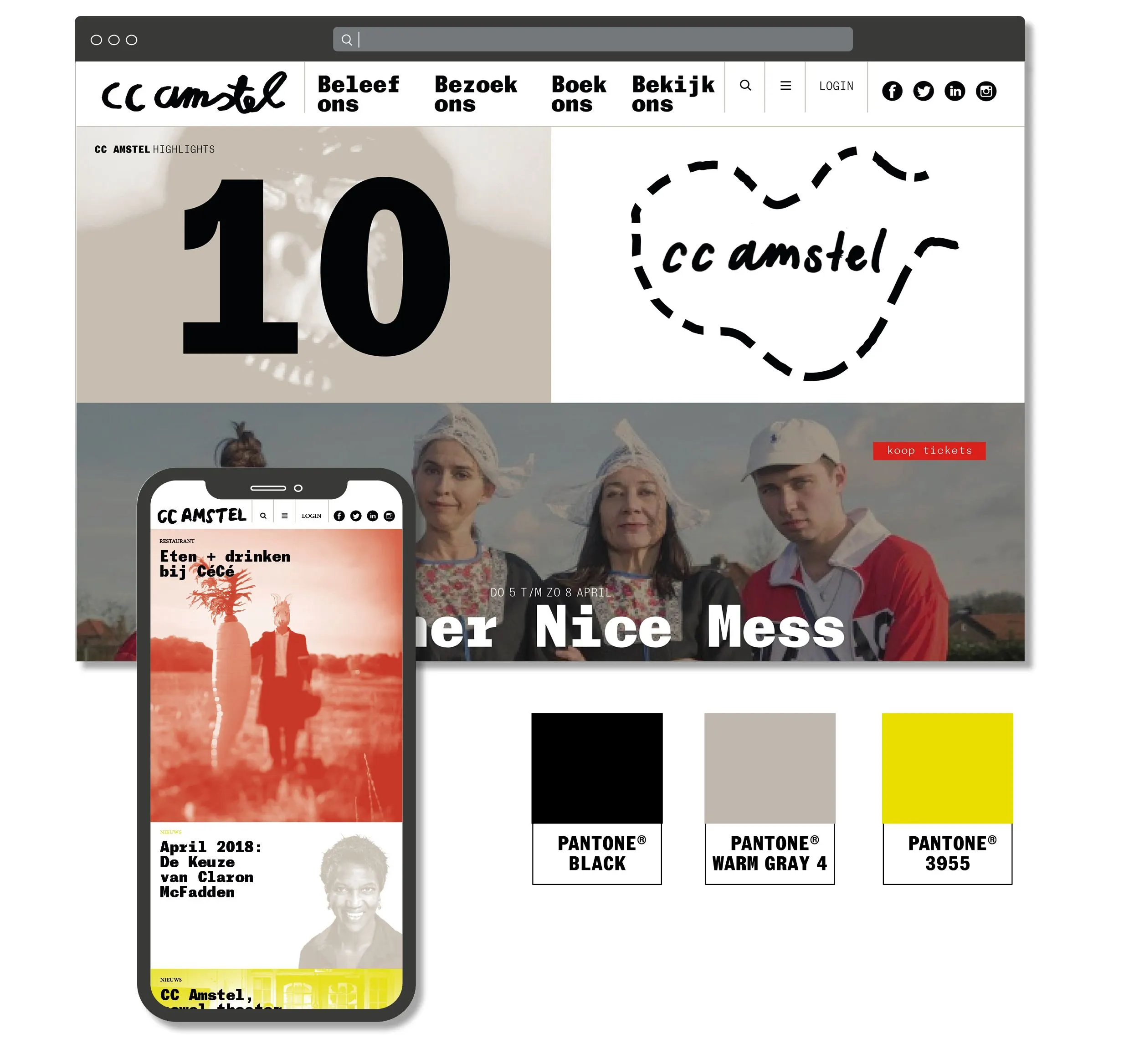 CC Amstel website on desktop and phone, with a large ‘10’ and the Pantone colours black, warm grey and yellow