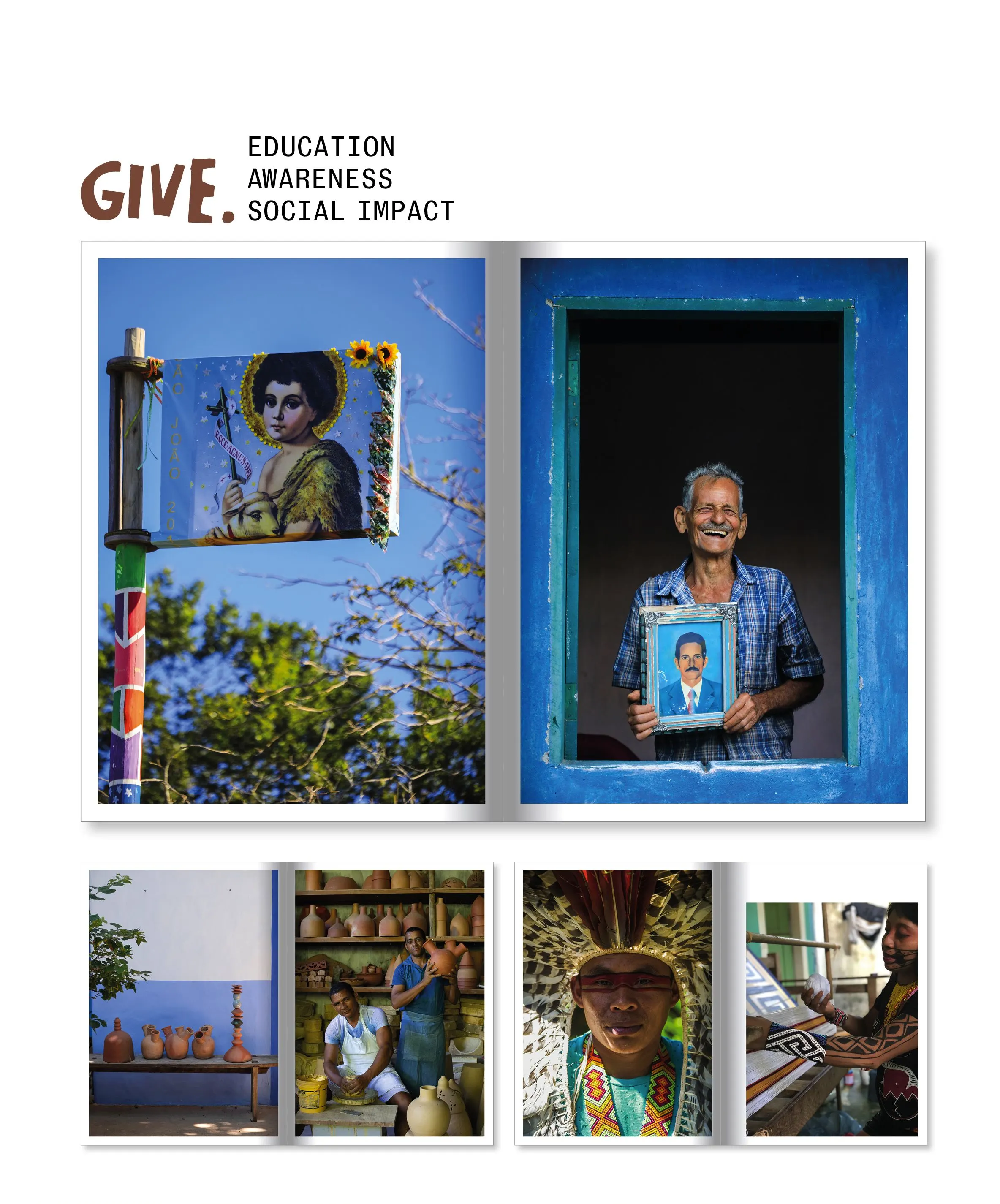 Book spread headed 'Give. Education, awareness, social impact' with portraits in a blue window frame and smaller photo spreads