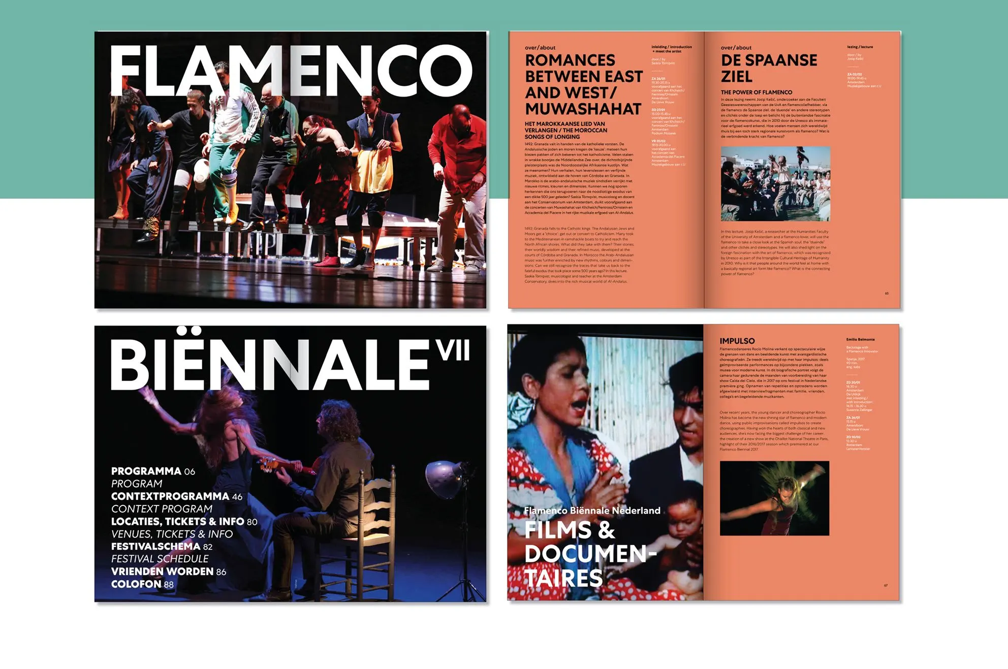 Festival programme booklet for Flamenco Biënnale VII: covers with dancers on stage and orange inside spreads