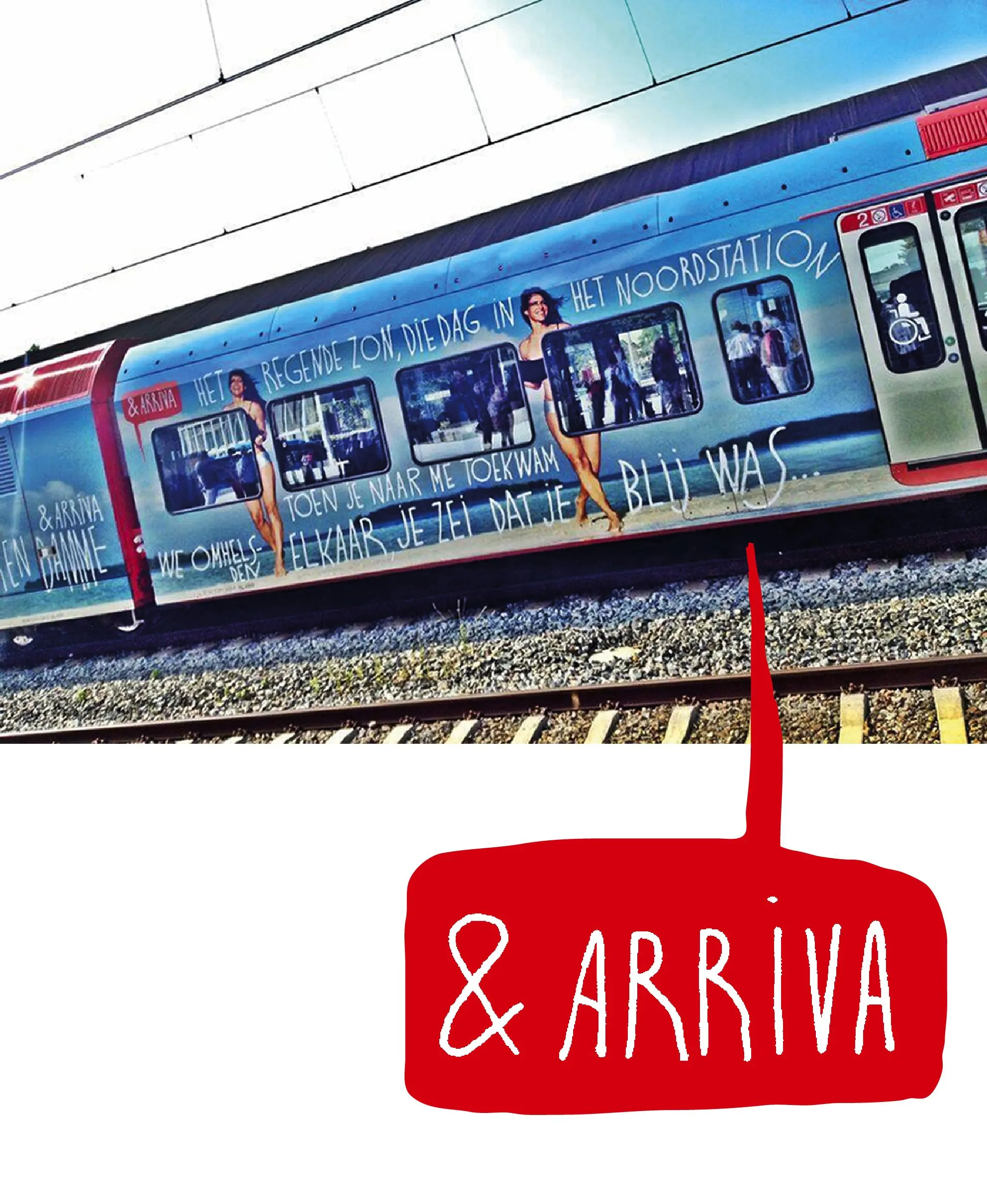 Arriva train wrapped in a blue artwork of a woman and handwritten lyrics, with a red speech bubble reading & Arriva
