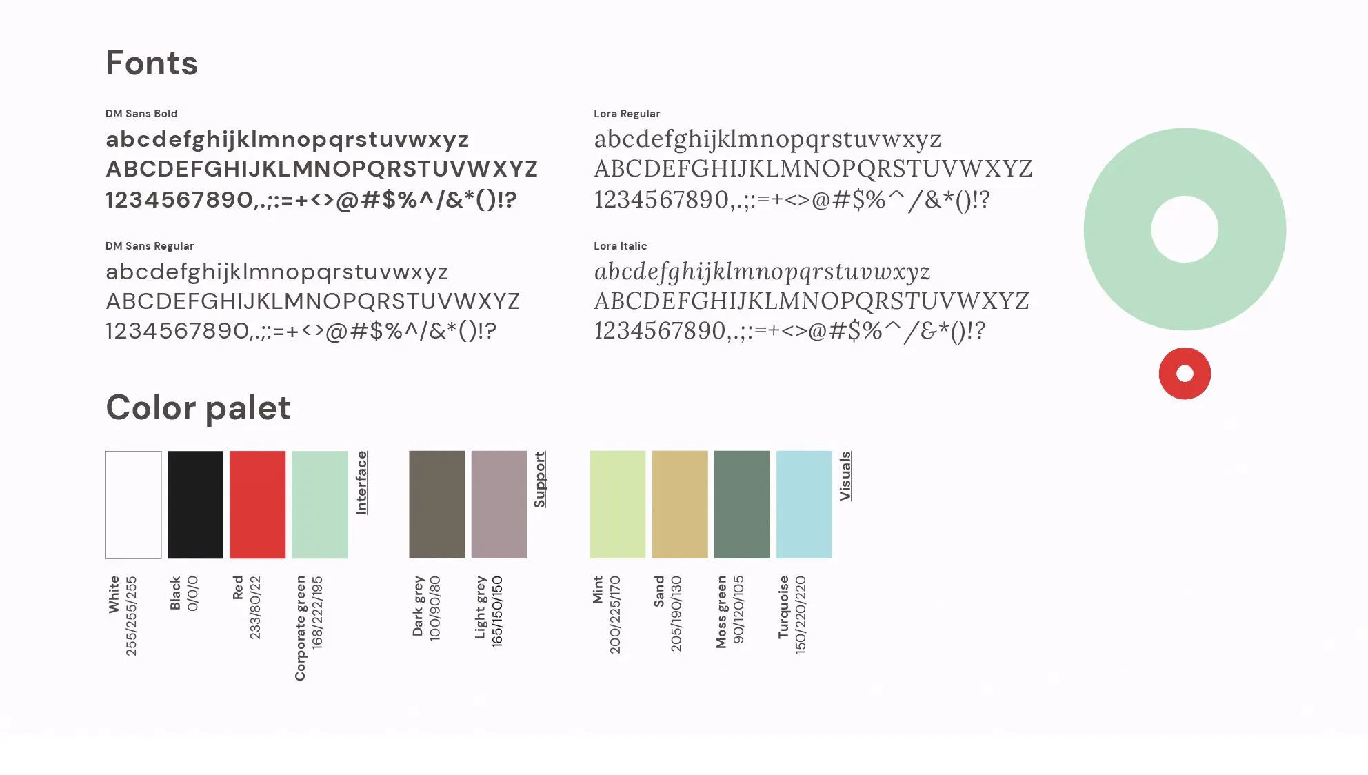 Style sheet with typefaces, alphabets, a colour palette in red, mint, beige and grey, and a green circle motif