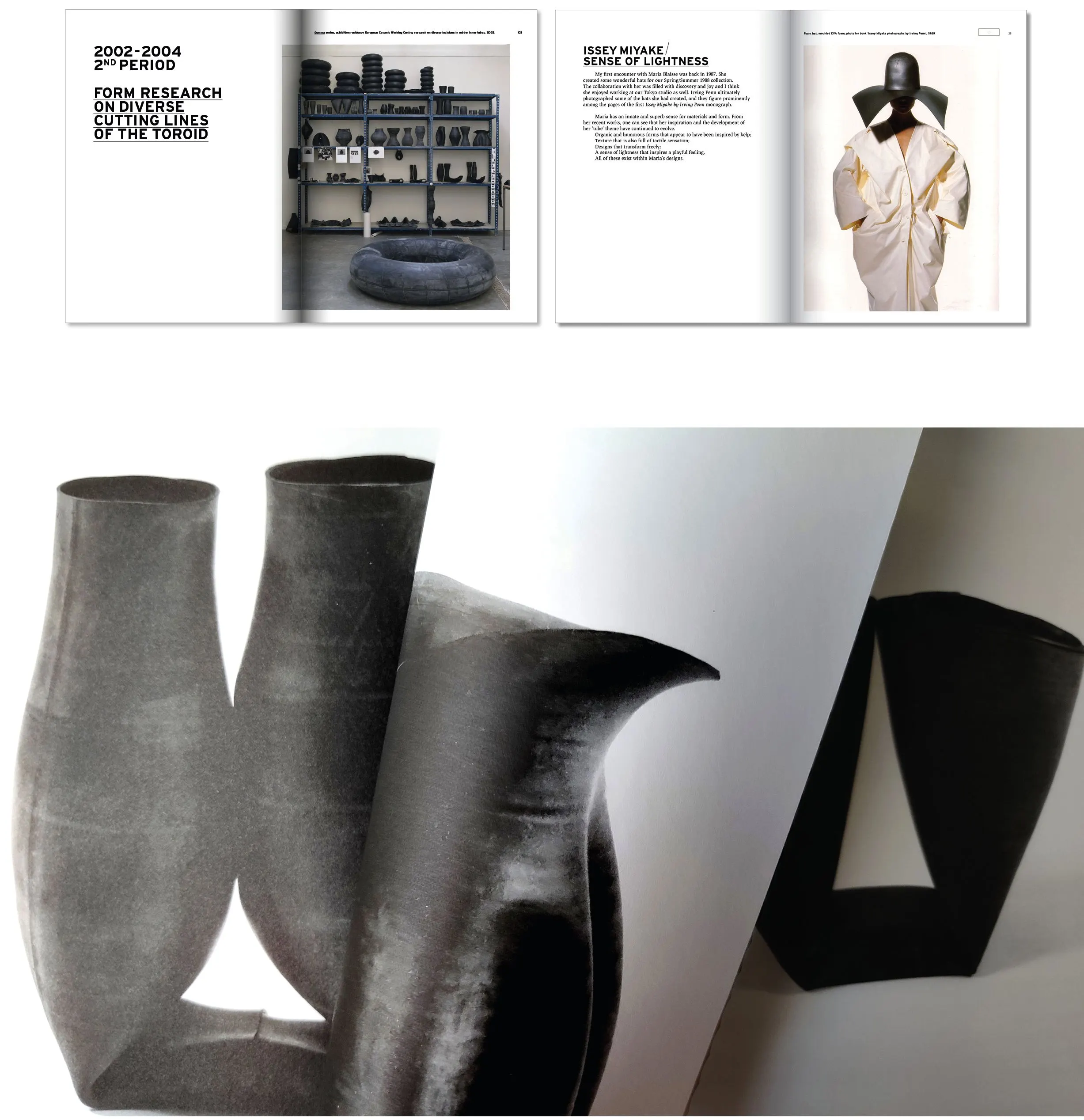 Book spreads on research and Work of lightness above a close-up photo of grey tubular shapes