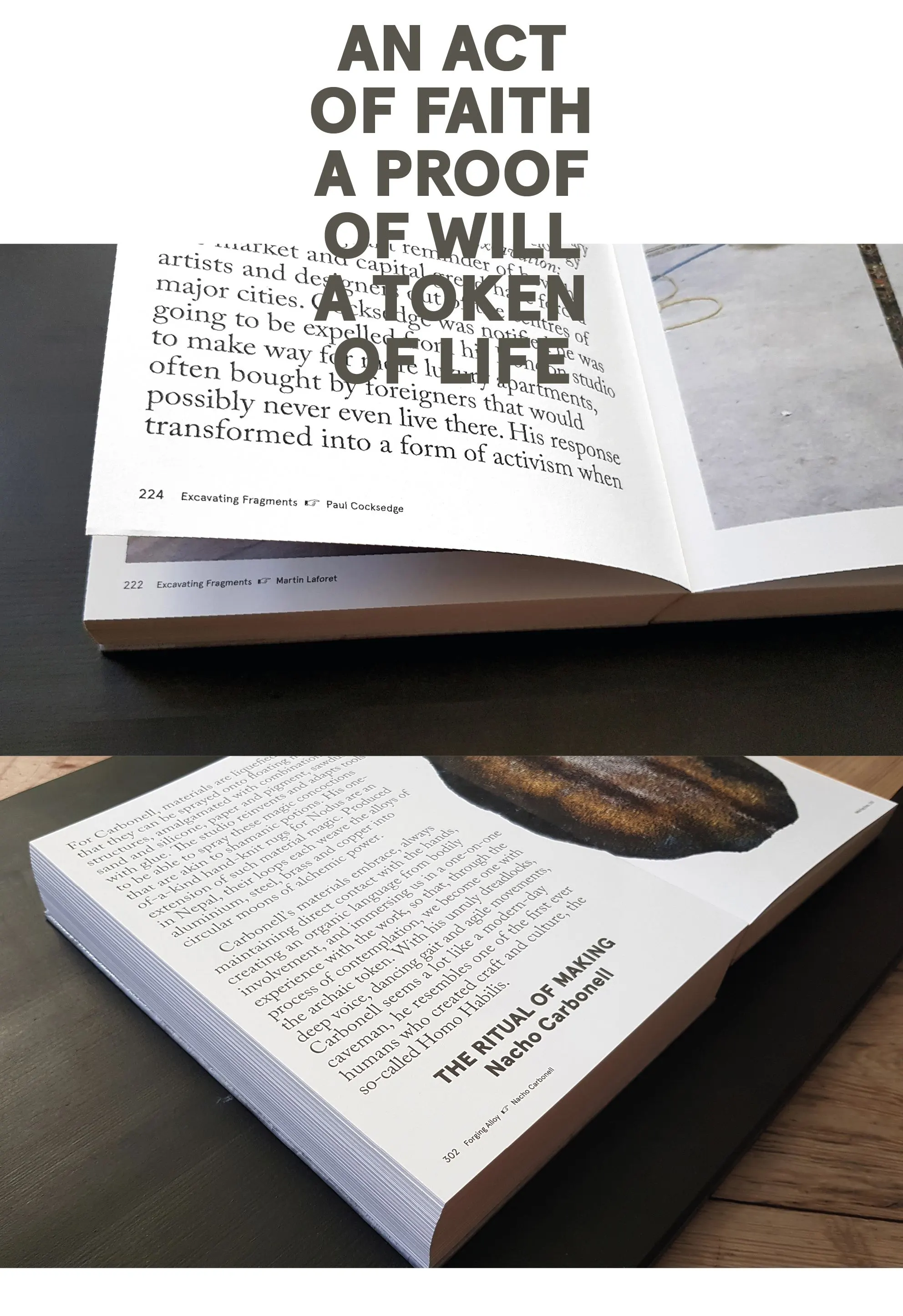 Open book pages with the headline 'An act of faith, a proof of will, a token of life', shown above a close-up of text