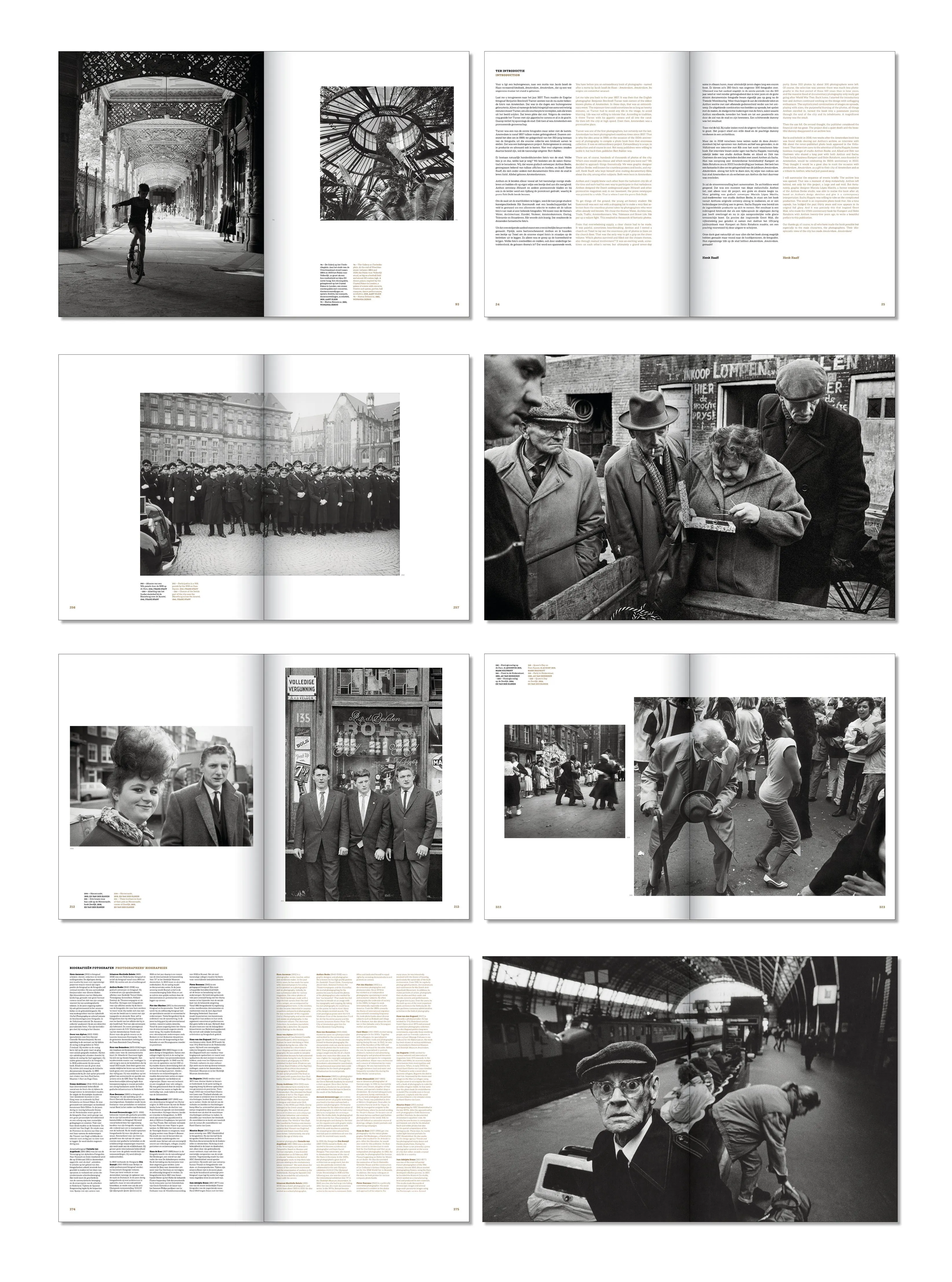 Eight book spreads with black-and-white historic photographs of Amsterdam and text columns