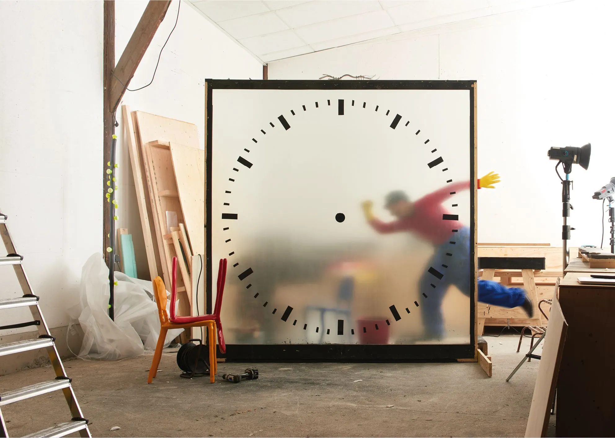 Large frosted clock panel in a workshop with a blurred figure behind it and a red chair beside it