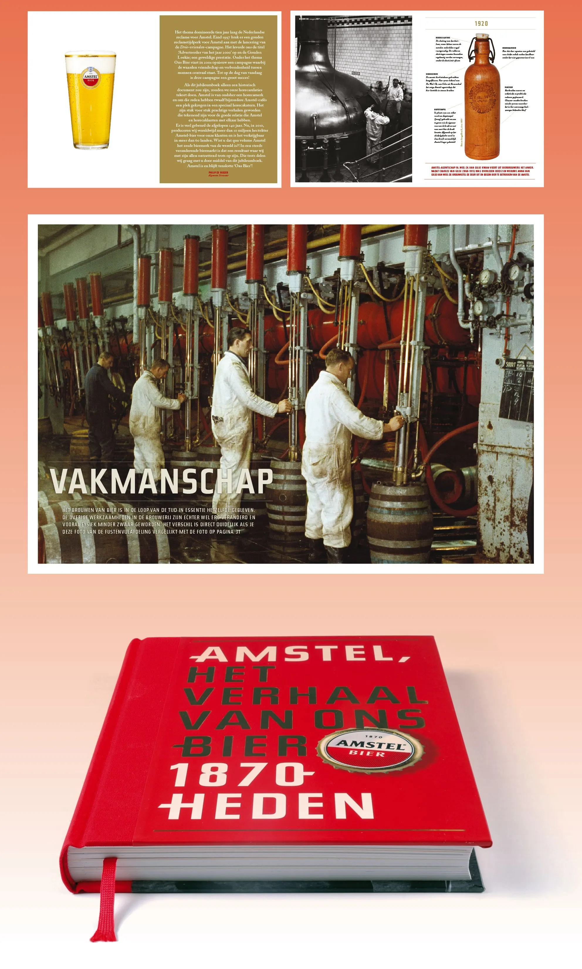 Book page headed 'Vakmanschap' with workers in white coats at brewery tanks above the red Amstel book