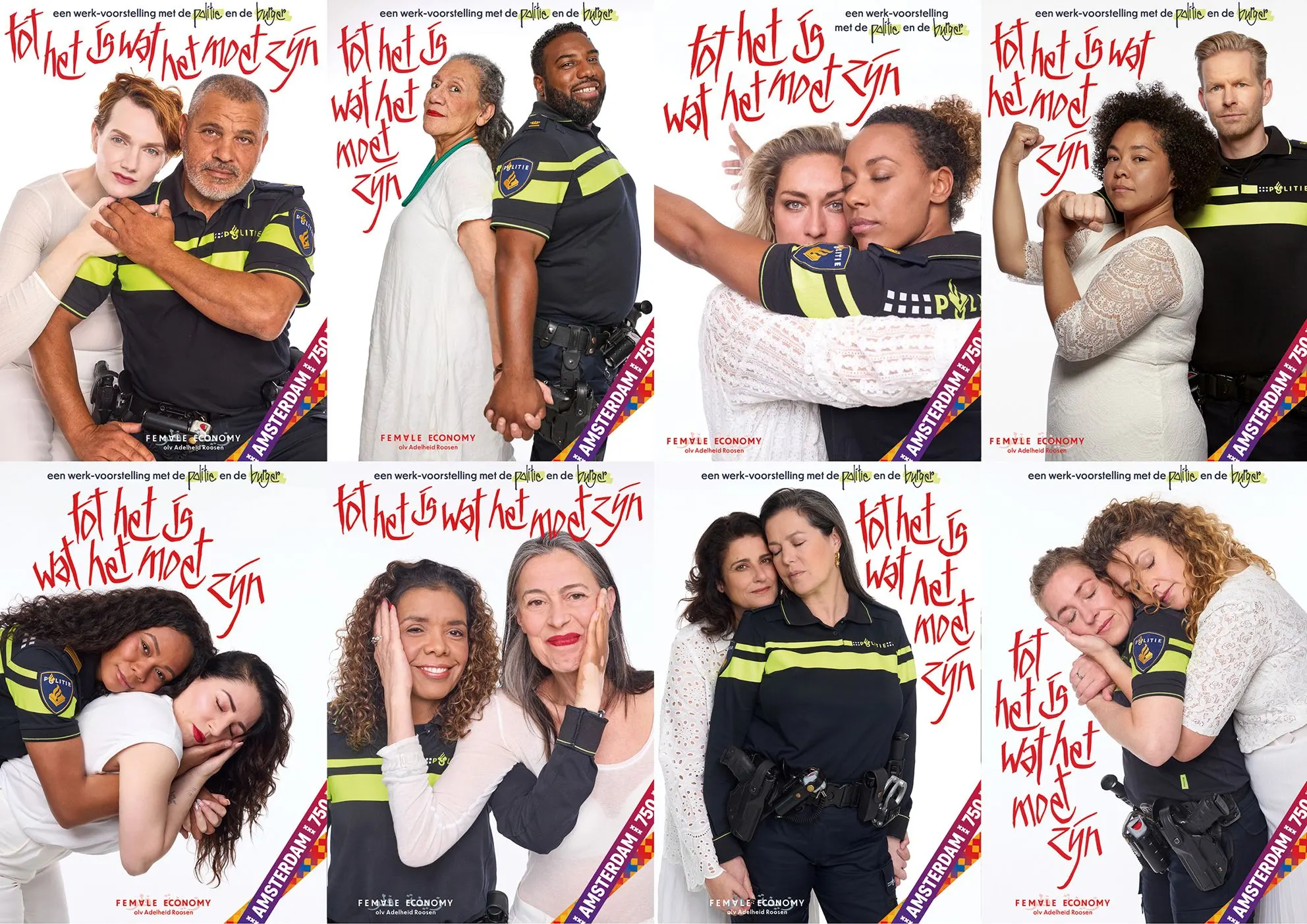 Grid of eight posters ‘tot het is wat het moet zijn’, each with a police officer and a citizen posing together