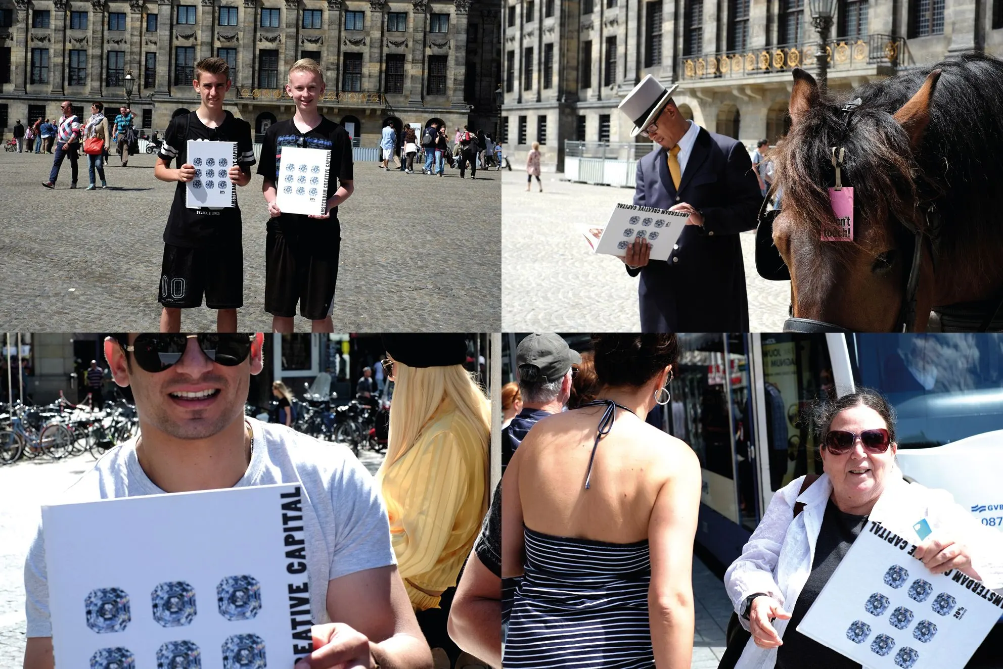 Four photos of passers-by on a sunlit Amsterdam square holding sheets with blue diamond patterns