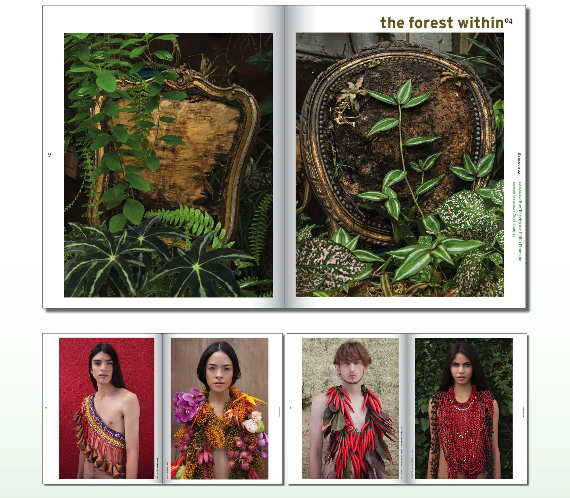 Magazine spread titled The forest within with jungle plants and four portraits of models in feathered garments